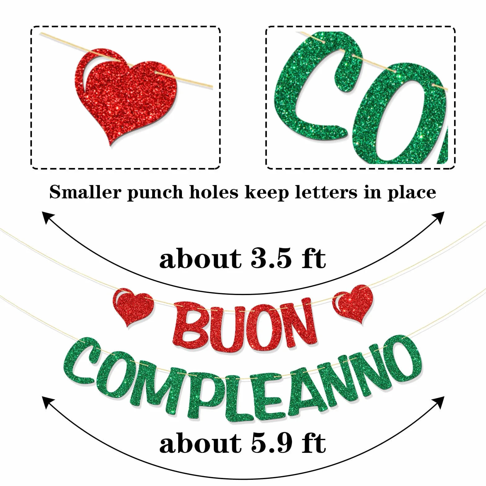 Bannière Buon Compleanno – Décorations de fête d'anniversaire italiennes – Paillettes rouges et vertes