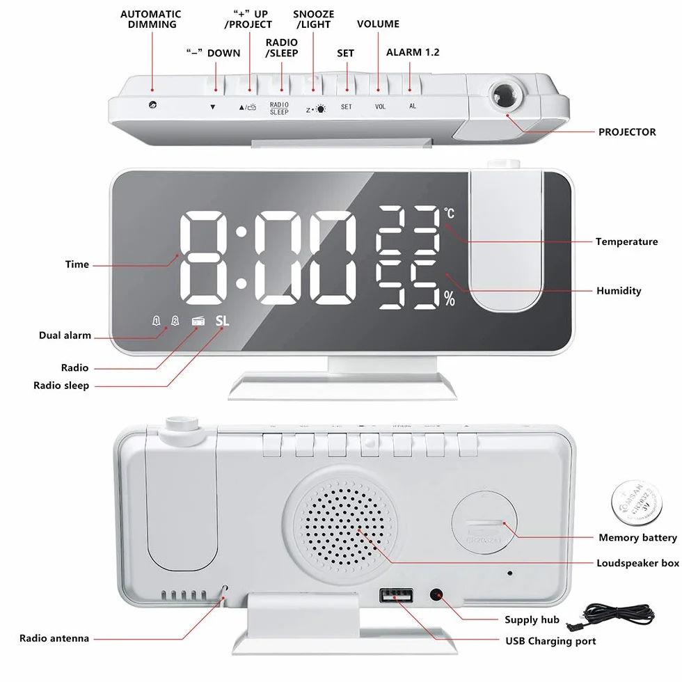 Réveil à Projection LED avec Miroir, Radio FM, Double Alarme, Port USB, Température et Humidité, 12/24H