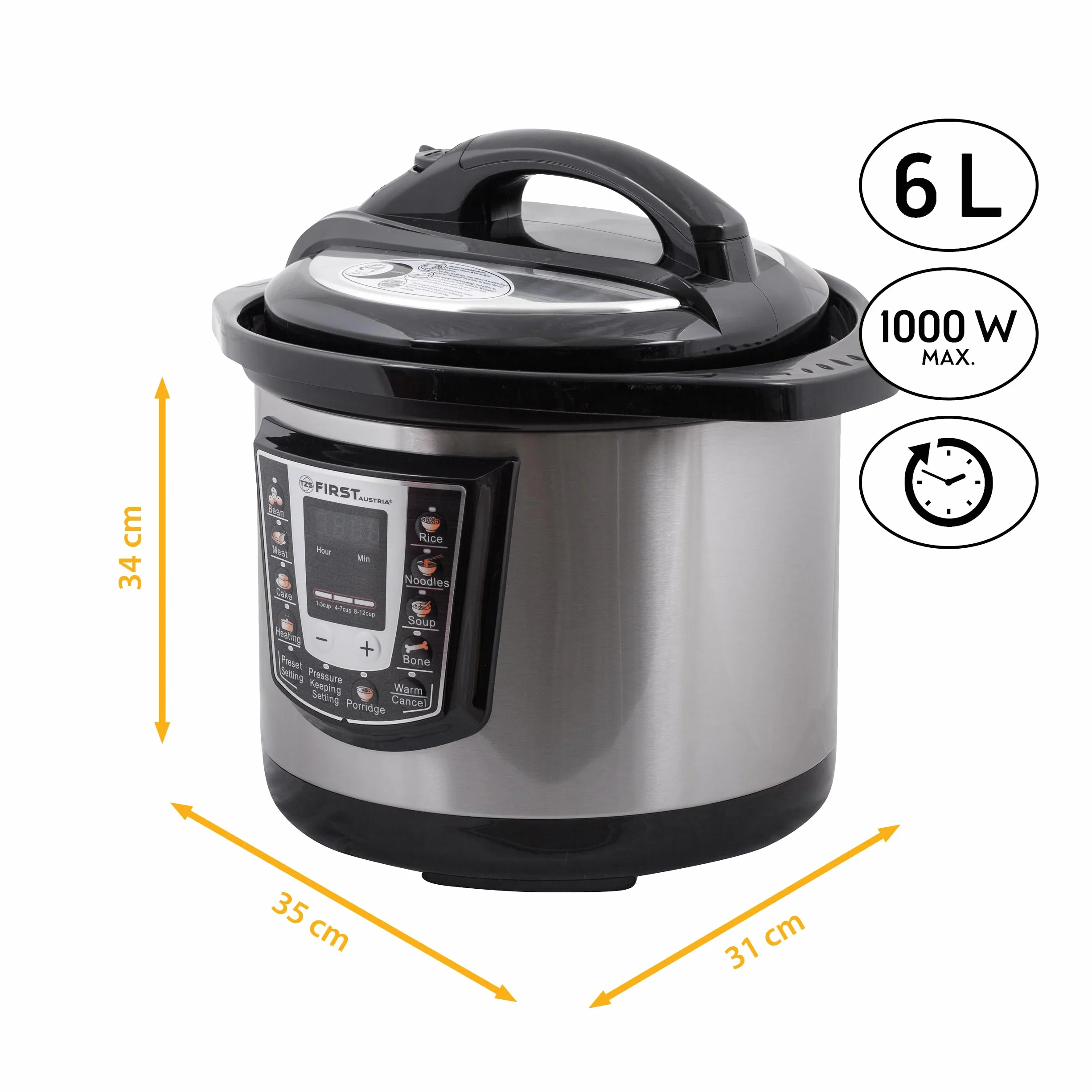 TZS First Austria - Autocuiseur électrique 6L avec 9 programmes automatiques - Multicooker 1000W comme cuiseur à riz, à vapeur, mijoteuse, etc. - Multicuiseur électrique à pression