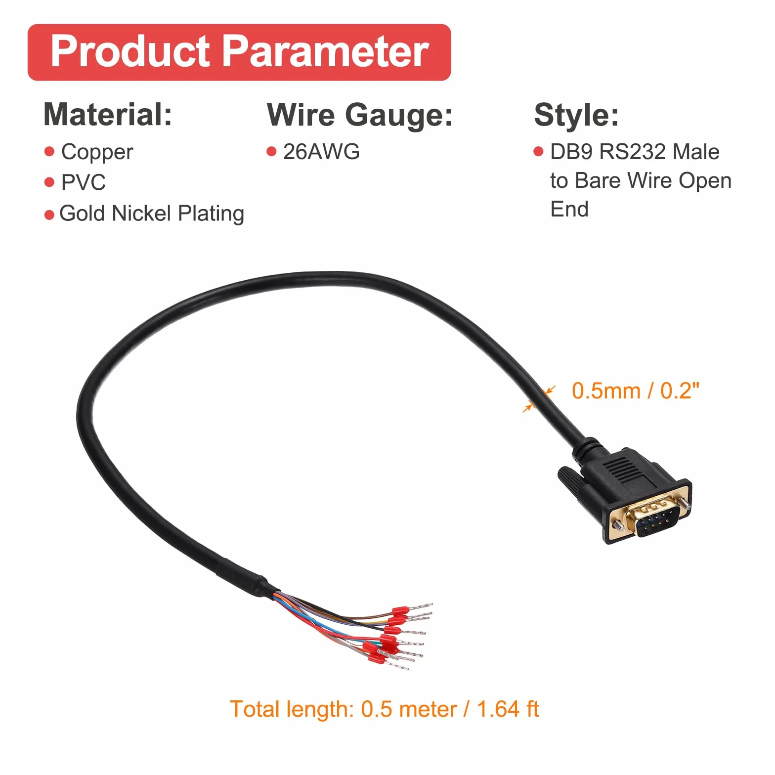 QUARKZMAN DB9 RS232 kabel szeregowy, 26AWG DB9, wtyczka do niegołego drutu z 9 terminalami okablowania, przedłużenie RS232, podwójnie ekranowany kabel, 0,5 m