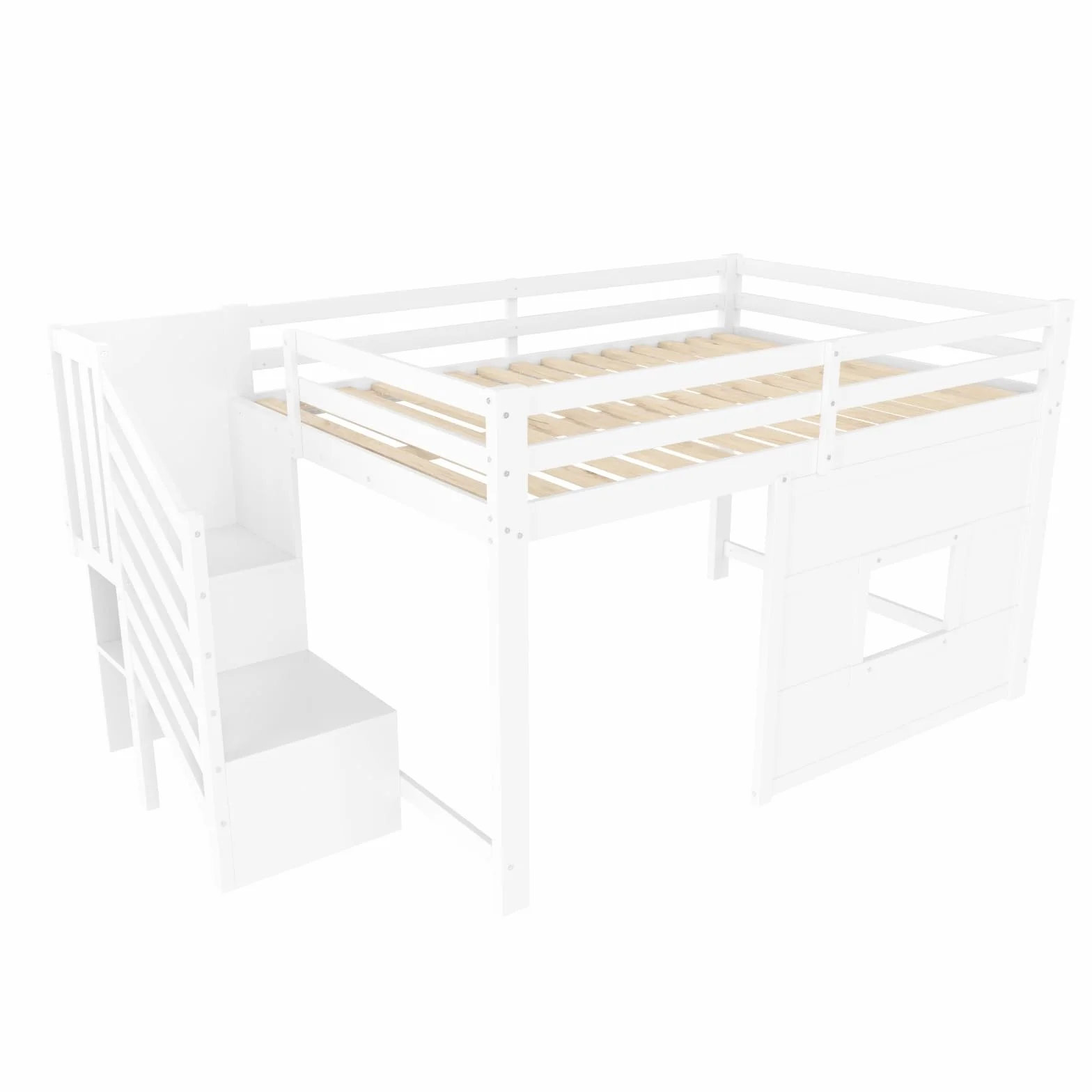 Sweiko Cadre de Lit en Bois, 140x200cm Lit Mezzanine Enfant avec Escaliers de Rangement et Espace de Jeu, Design Maisonnette pour Chambre d'enfant, sans Matelas (White)
