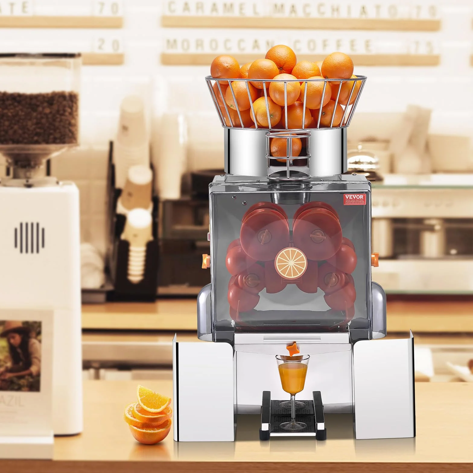 VEVOR Presse-Agrumes Électrique Commercial 120 W Extracteur de Jus Automatique 25 Oranges/min avec Filtre Extractible et Seau de Collecte d'Épluchure pour Orange Pamplemousse Restaurant Café Fruiterie