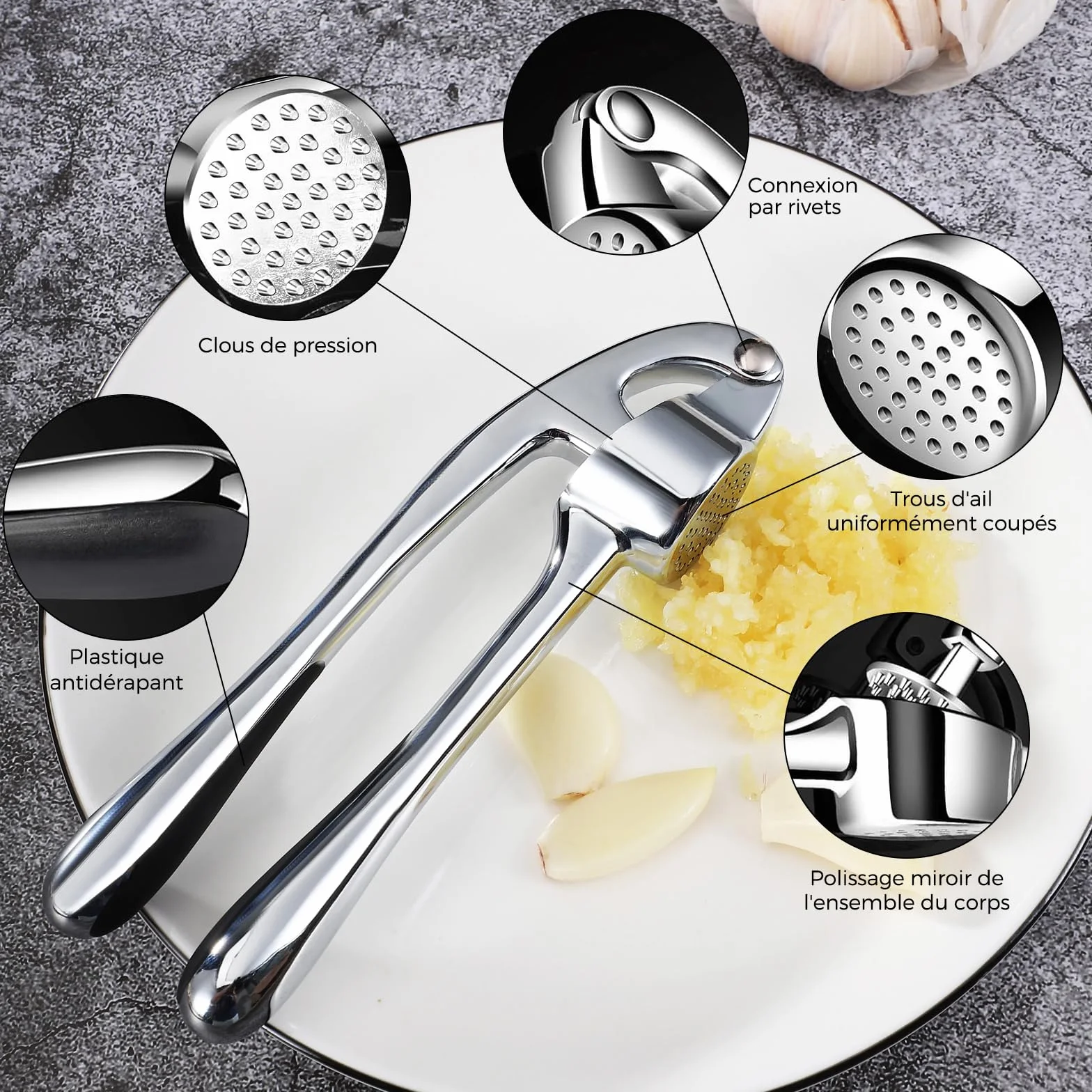 Presse-Ail Inox de Cuisine Professionnelle, Broyeur d'Ail Argenté