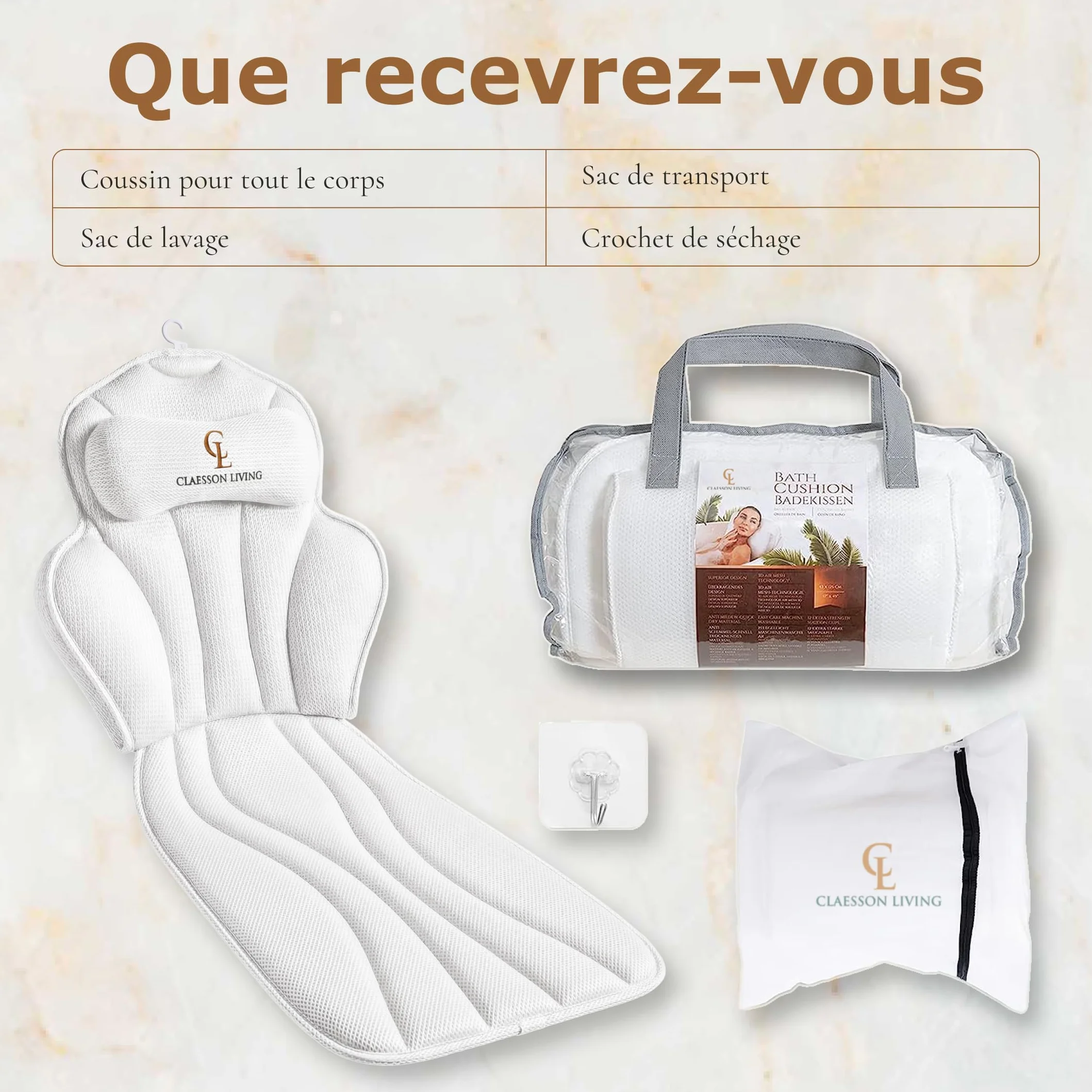 Coussin Baignoire Corps Complet Claessonliving (152x56cm) - Matelas de Bain avec appuie-tête (11cm) & Supports Corps - Coussin Baignoire Adulte - Oreiller Baignoire - Sacs de Lavage Inclus - Blanc