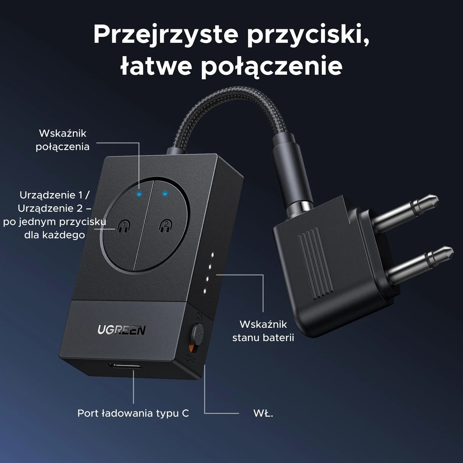 UGREEN Adapter Bluetooth do samolotu, nadajnik Bluetooth 5.4 do 2 AirPodsów lub słuchawek, czas pracy baterii 19 godzin, gniazdo Bluetooth AUX 3,5 mm, kompatybilny z samolotem, telewizorem i siłownią