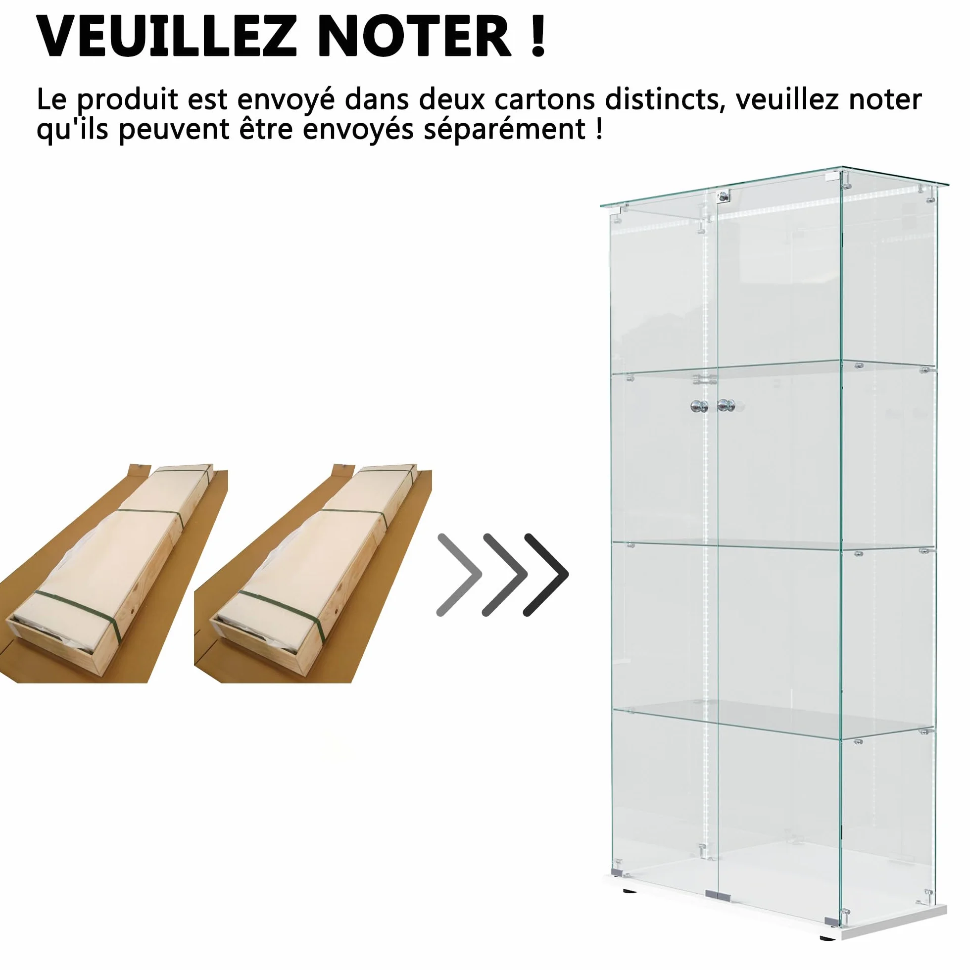 Vitrine en Verre à 2 Portes avec LED, Armoire de Présentation Moderne avec Serrure, Étagères de Rangement, Meuble Vitrine pour Salon, Chambre ou Bureau (Blanc L, 4 étages)