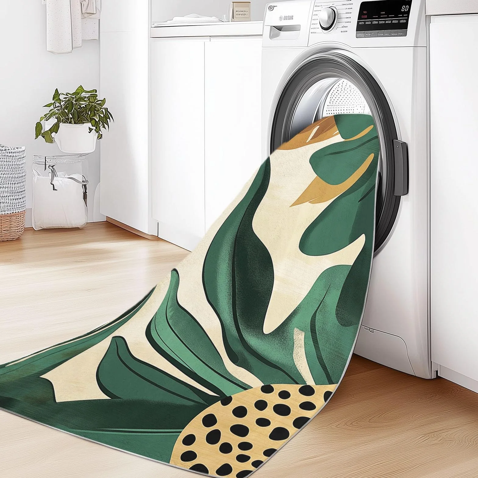 Tapis Poils Ras Motif Feuilles De Jungle Rétro Tapis Salon Chambre Adulte Salle à Manger Bureau Tapis Imprimé à Poil Court Doux Fin Lavable 80 x 150 cm, Vert Marron
