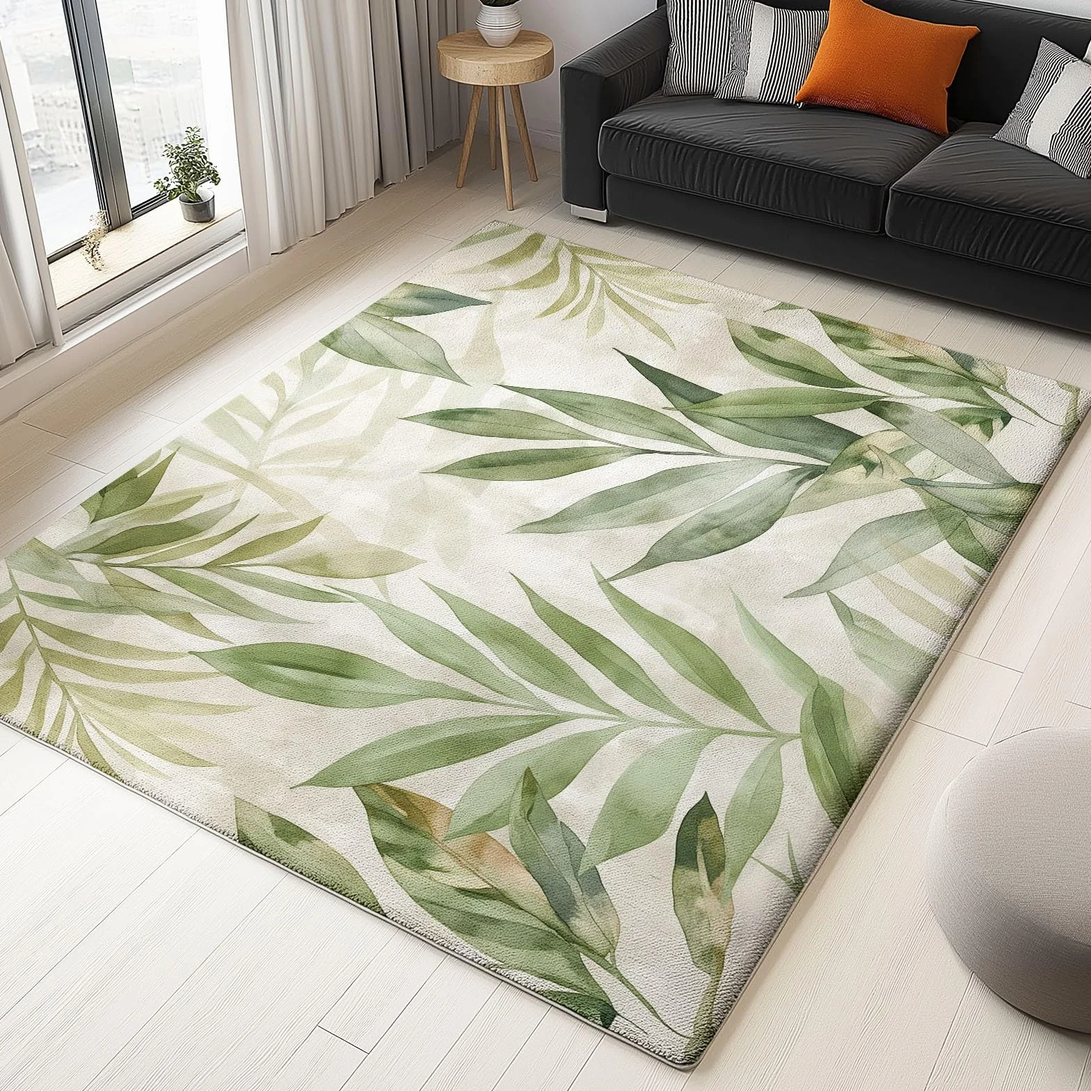 Tapis Lavable en Machine Motif Feuilles Tropicales À L'Aquarelle 120 x 180 cm Vert Clair pour Salon Chambre