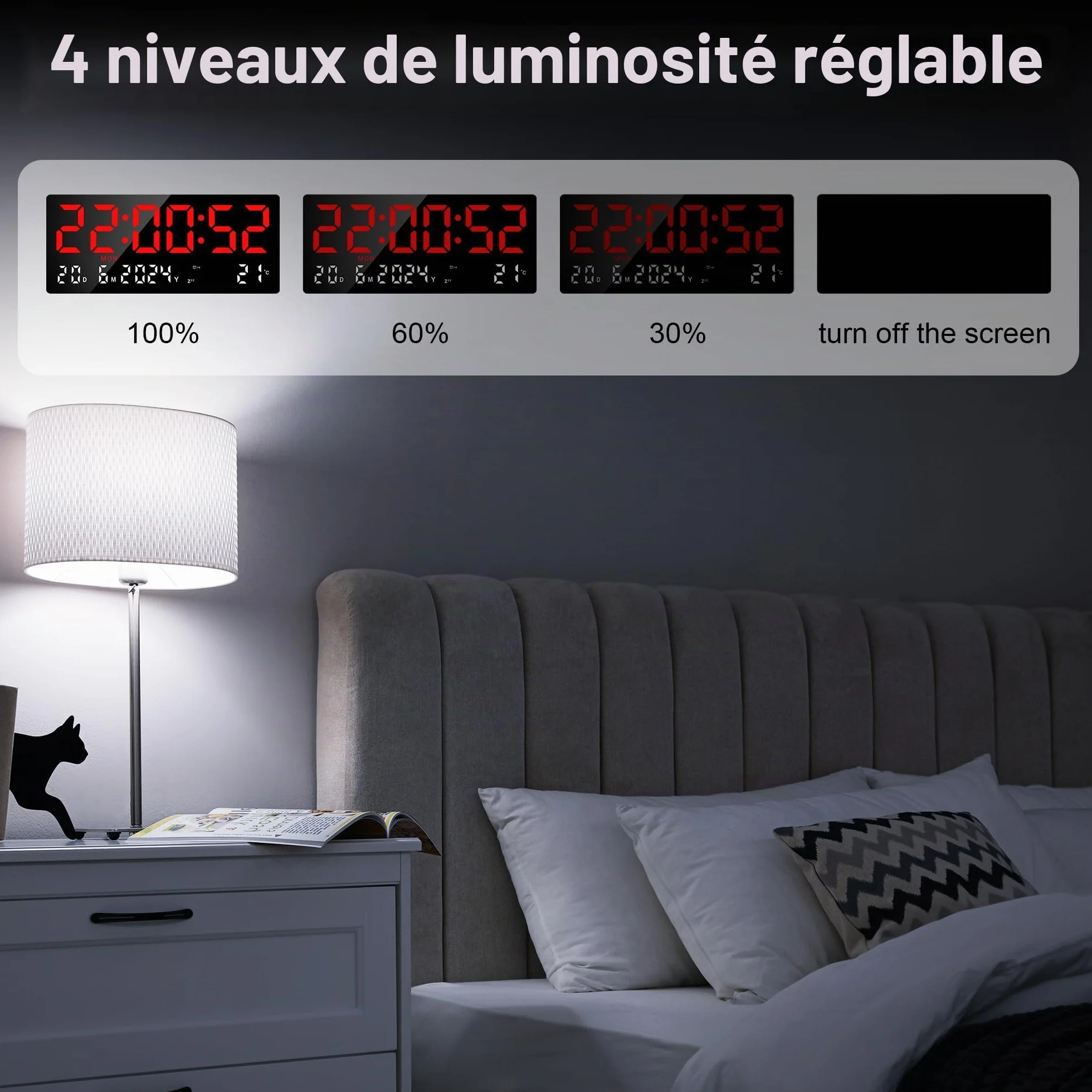 Lafocuse 15.5" LED Horloge Murale Numérique Grande Horloge de Bureau Digitale avec Télécommande