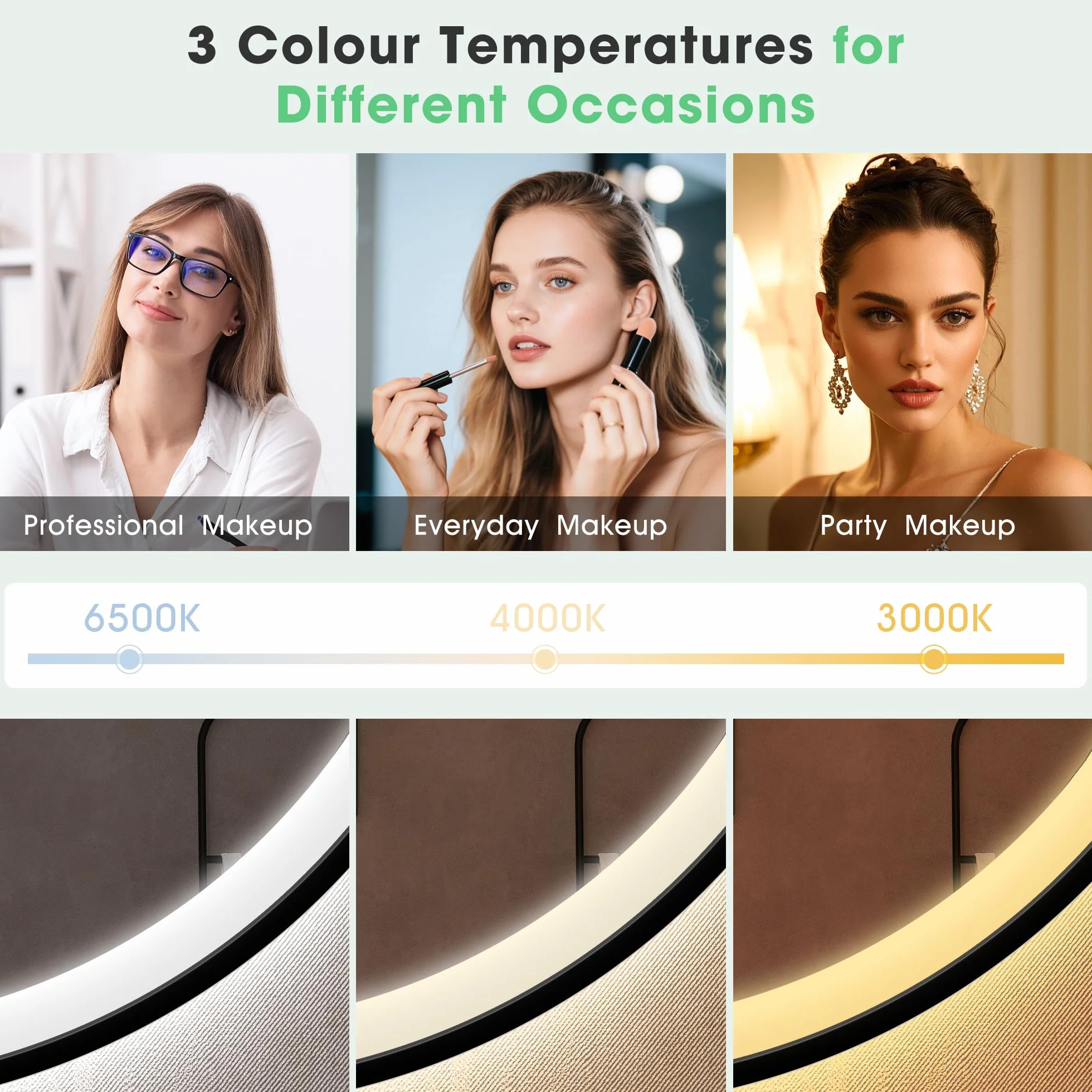 S'bagno Miroir-Rond-Salle-de-Bain-avec-éclairage 60cm, Rond-Miroir-LED-avec-Bluetooth, Antibuée, 3 Couleurs Lumières, Dimmable, Mémoire Lumière, IP44, Verre Trempé, Cadre Fer Noir
