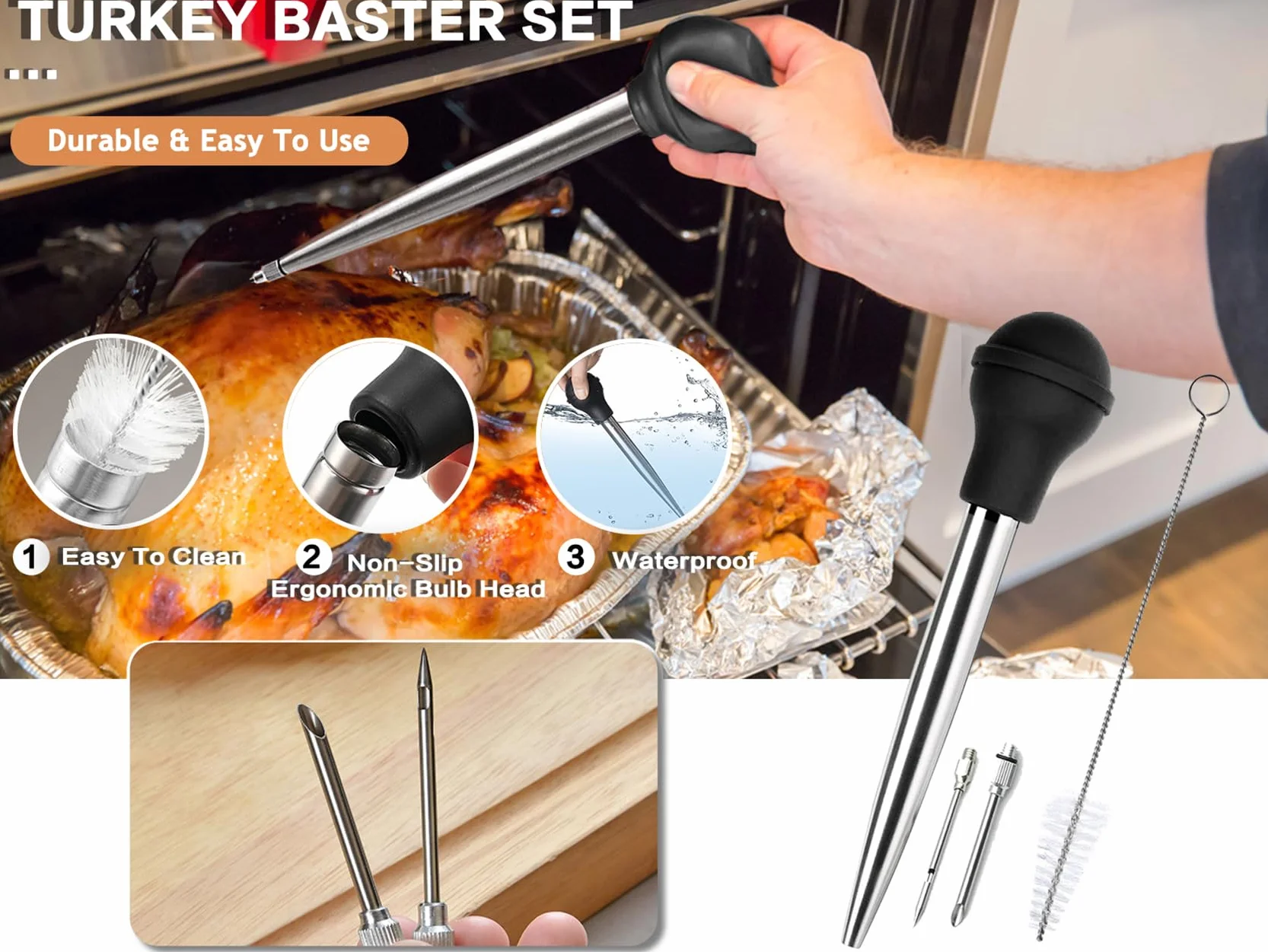 Seringues à Rôtir en 304 Acier INOX, Poires à Sauce avec Aiguille d'Injection et Brosse de Nettoyage