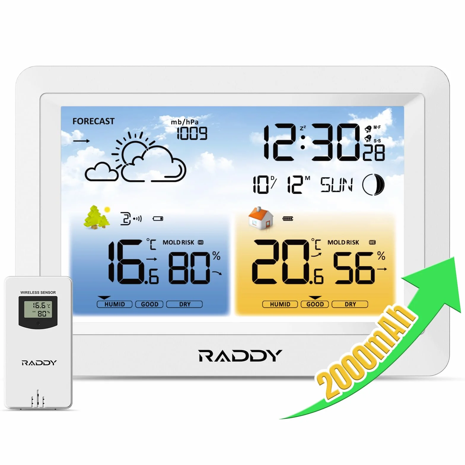 Station météo sans fil Raddy WM6 capteur distance baromètre horloge DCF 2000 mAh