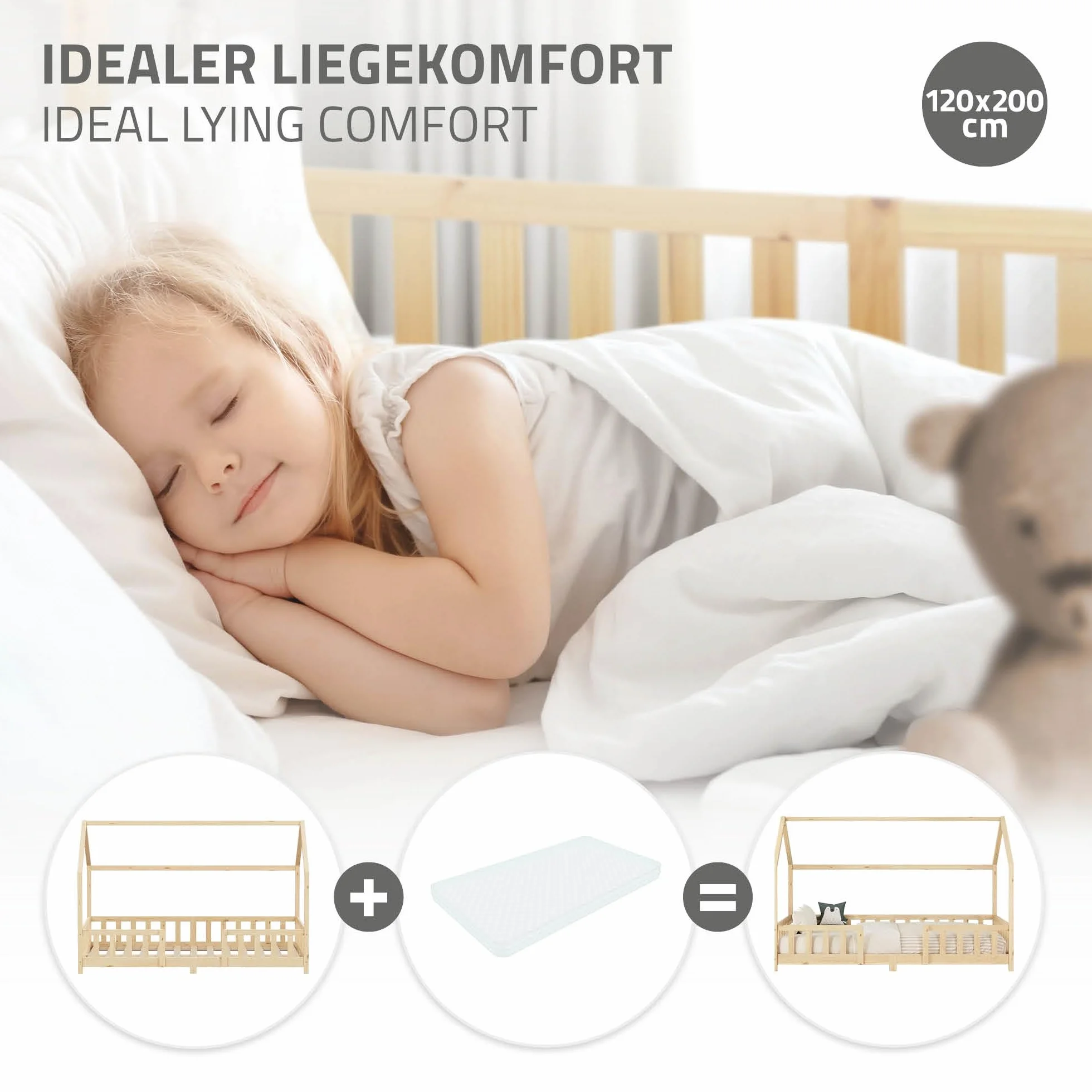 ML-Design Lit Cabane Enfant 120x200 cm Naturel (Beige) en Bois avec Protection Étendue Anti-Chute, Toit et Sommier à Lattes, Style Maison, Couchage Maisonnette Lit Double pour Adolescent Fille Garçon