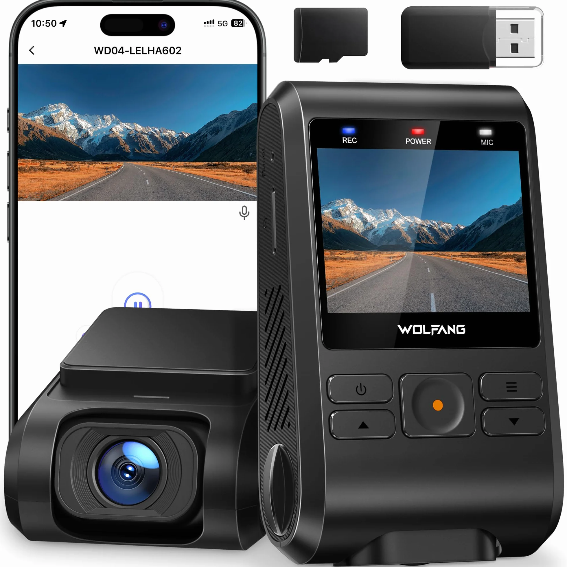 Kamera samochodowa WOLFANG 2.5K kamera samochodowa Wi-Fi z kartą SD 32 GB, podwójna kamera samochodowa z noktowizorem, nagrywanie w pętli, czujnik G, szeroki kąt 170, osłona parkowania