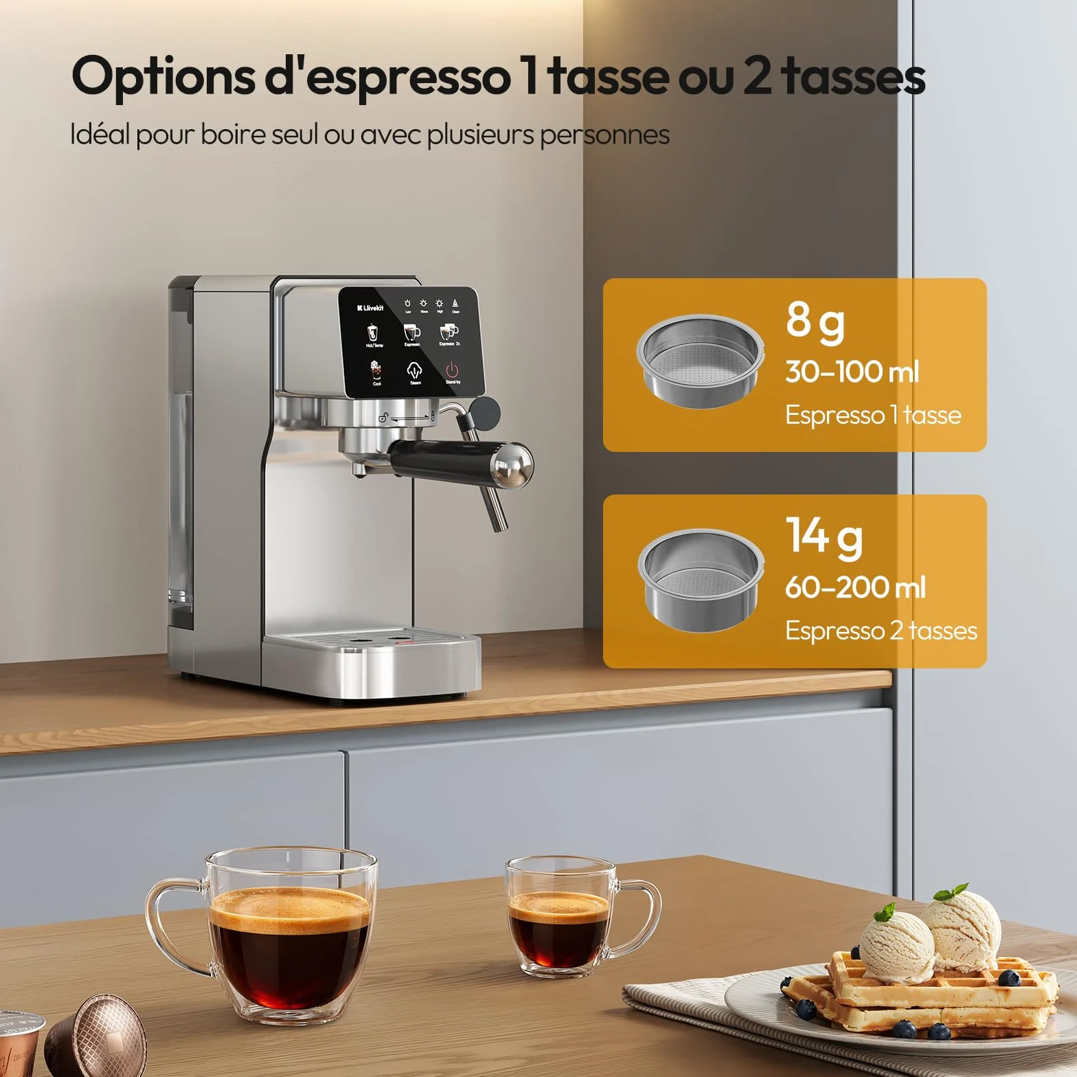 LLIVEKIT Machine à Café Expresso 20 Bars, Mousseur à Lait Intégré, Extraction Chaude & Froide, Double Mode Capsules/Poudre, Réservoir 1,2L, Écran Tactile LED, Acier Inox