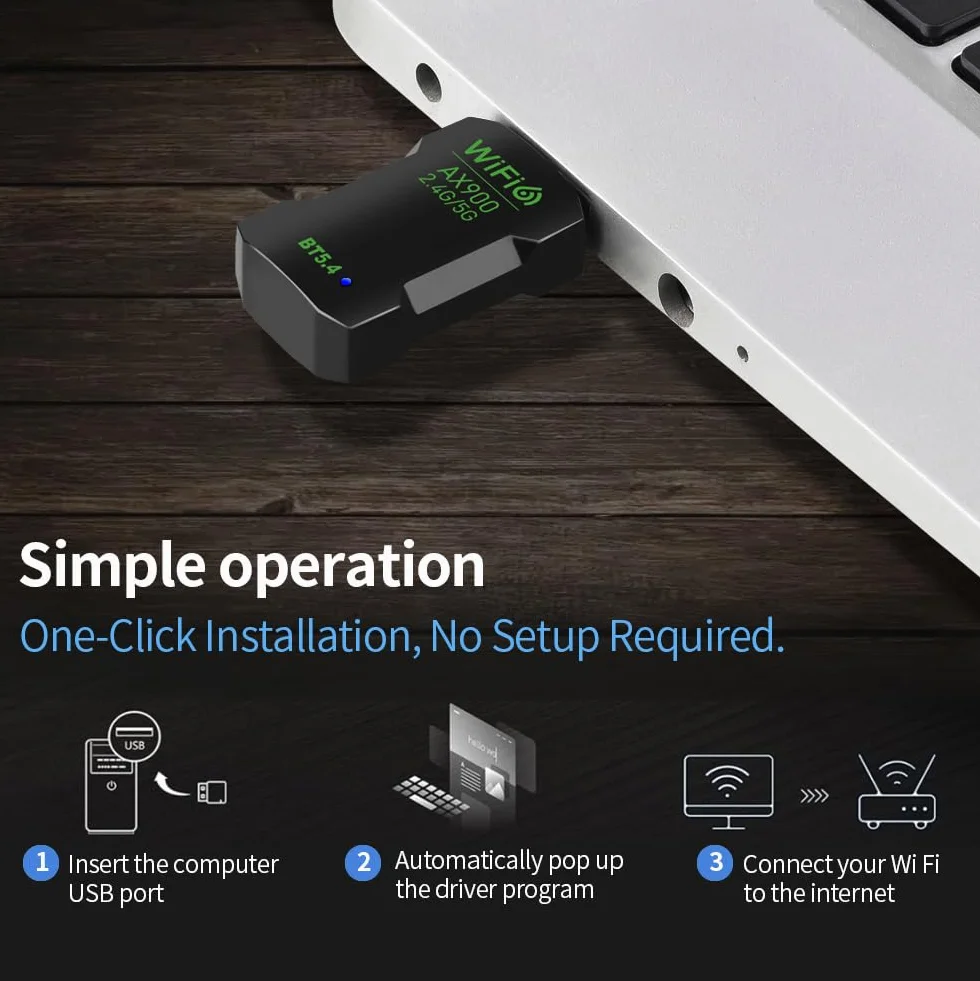 Adapter WiFi 6 Bluetooth 5.4 USB 2 w 1, WiFi i Bluetooth dwuzakresowy 2.4/5GHZ ax900Mbps do PC/laptopa/komputera stacjonarnego, mini USB bez sterownika, obsługuje Windows 10/11