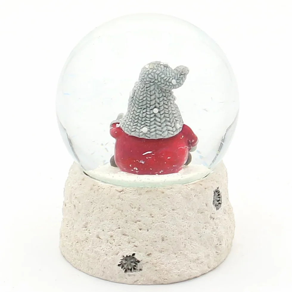 Boule à Neige Lutin de Noël avec Bonnet Gris sur Socle Blanc, L/l/H/Ø 6,5 x 6,5 x 8,8 cm, Ø 6,5 cm