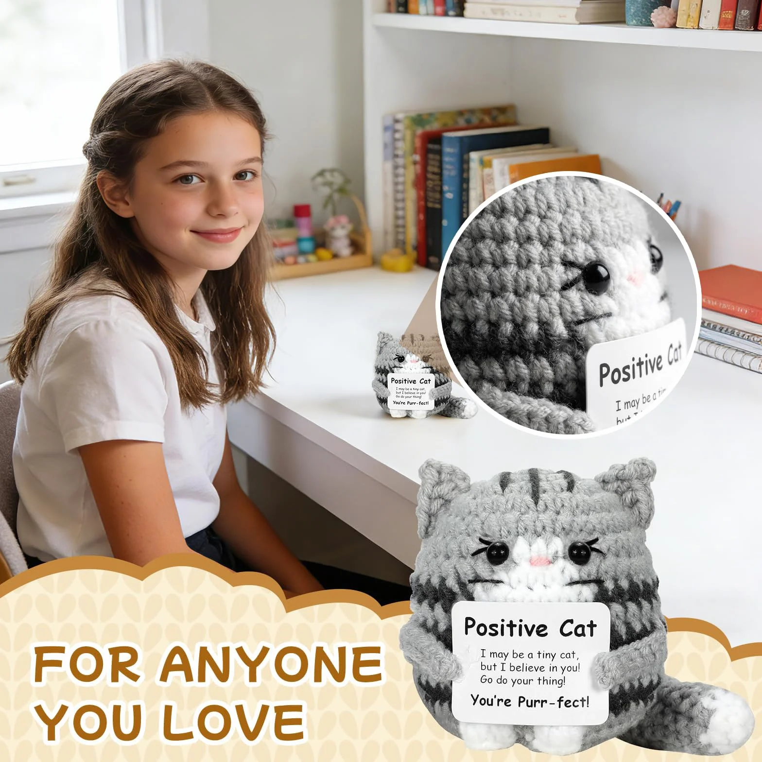 Lilbitty Kleine gehäkelte Positive Katze – Poupée tricotée Faite à la Main avec Carte, Cadeau motivant au Crochet