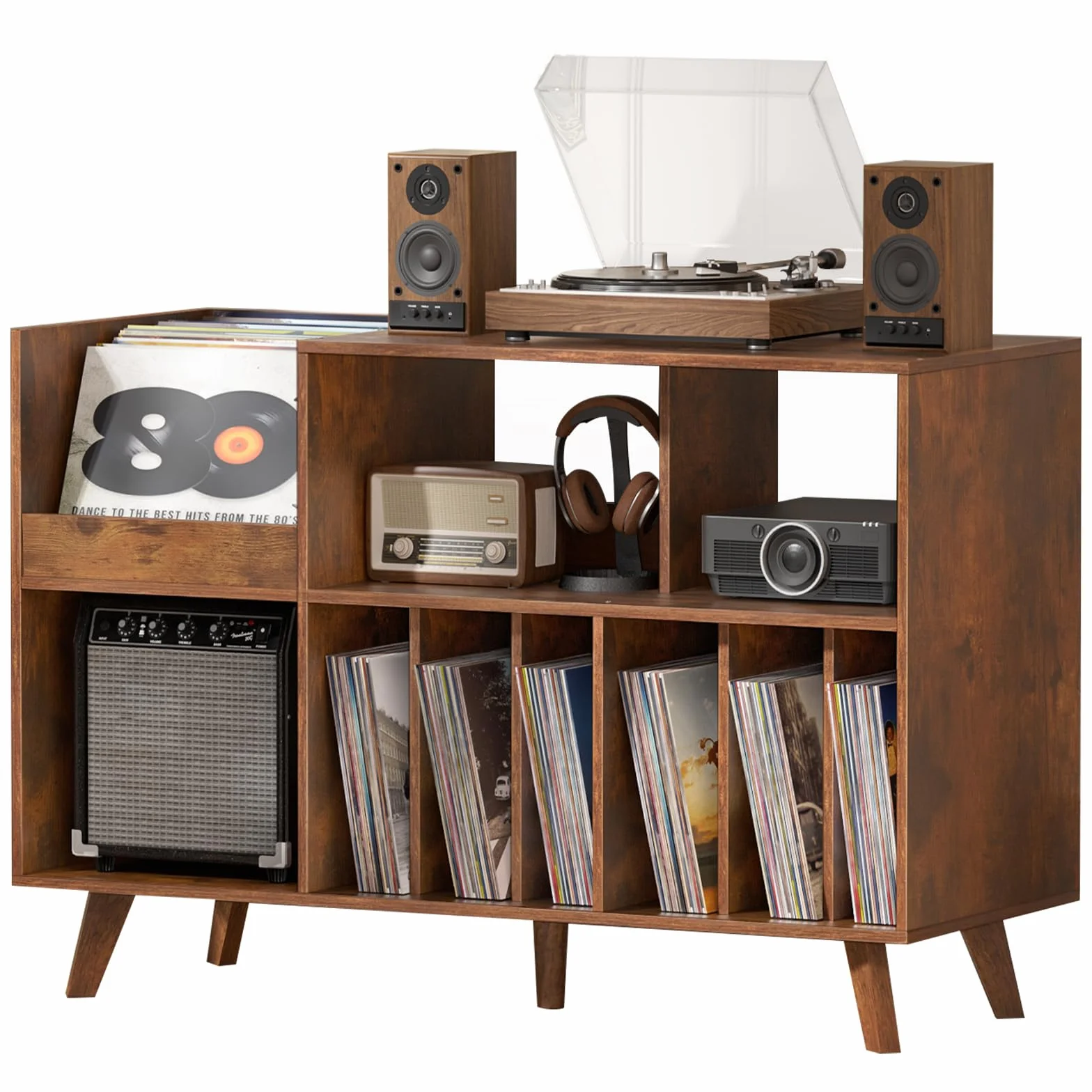 LELELINKY Grand support de tourne-disque avec rangement, support en vinyle avec zone d'affichage, table de tourne-disque pouvant contenir jusqu'à 450 albums, support de disque pour salle de musique