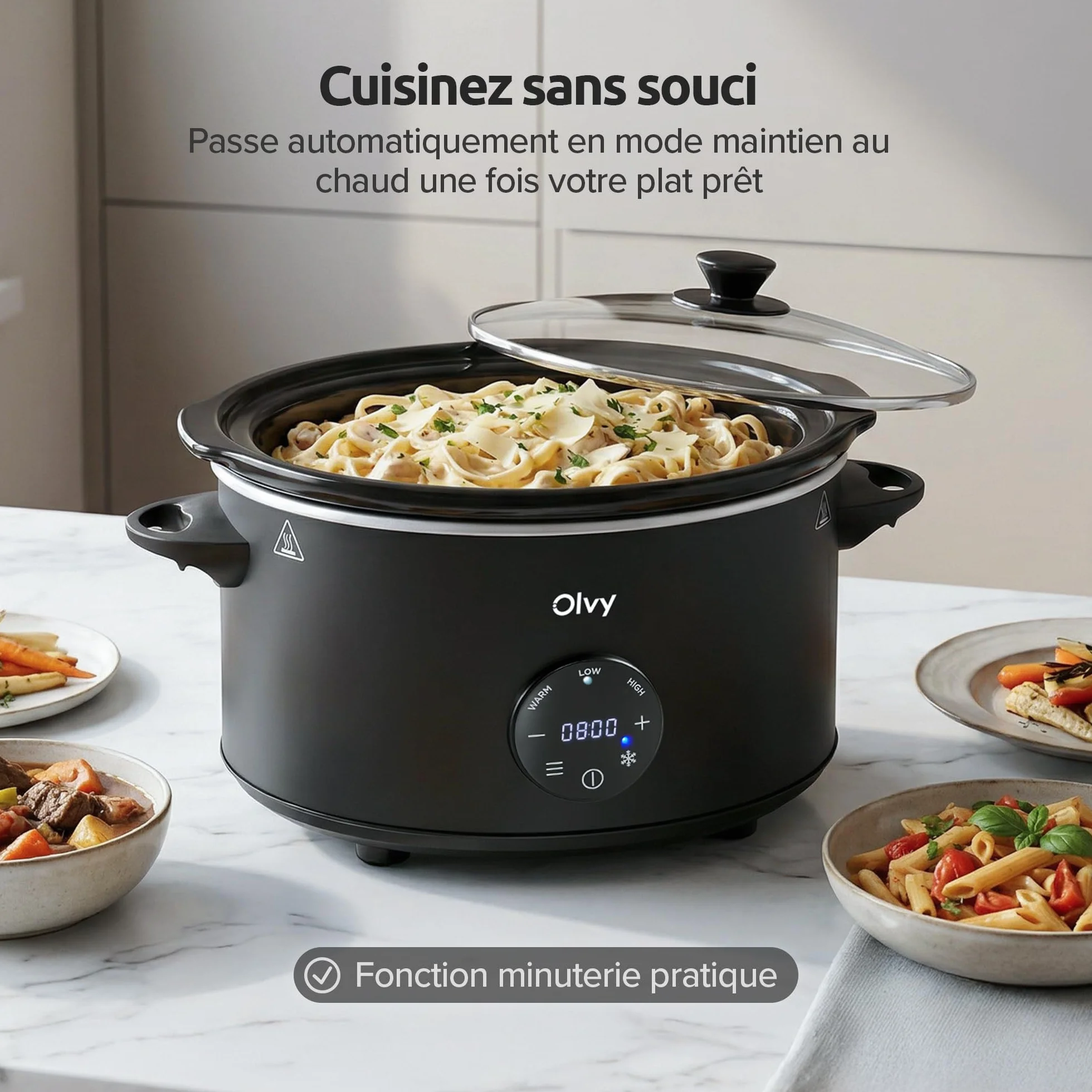 Olvy Mijoteuse numérique 6 l avec minuterie, écran tactile, fonction de maintien au chaud, fonction décongélation, minuterie 24 h, 3 niveaux, famille Meal Prep