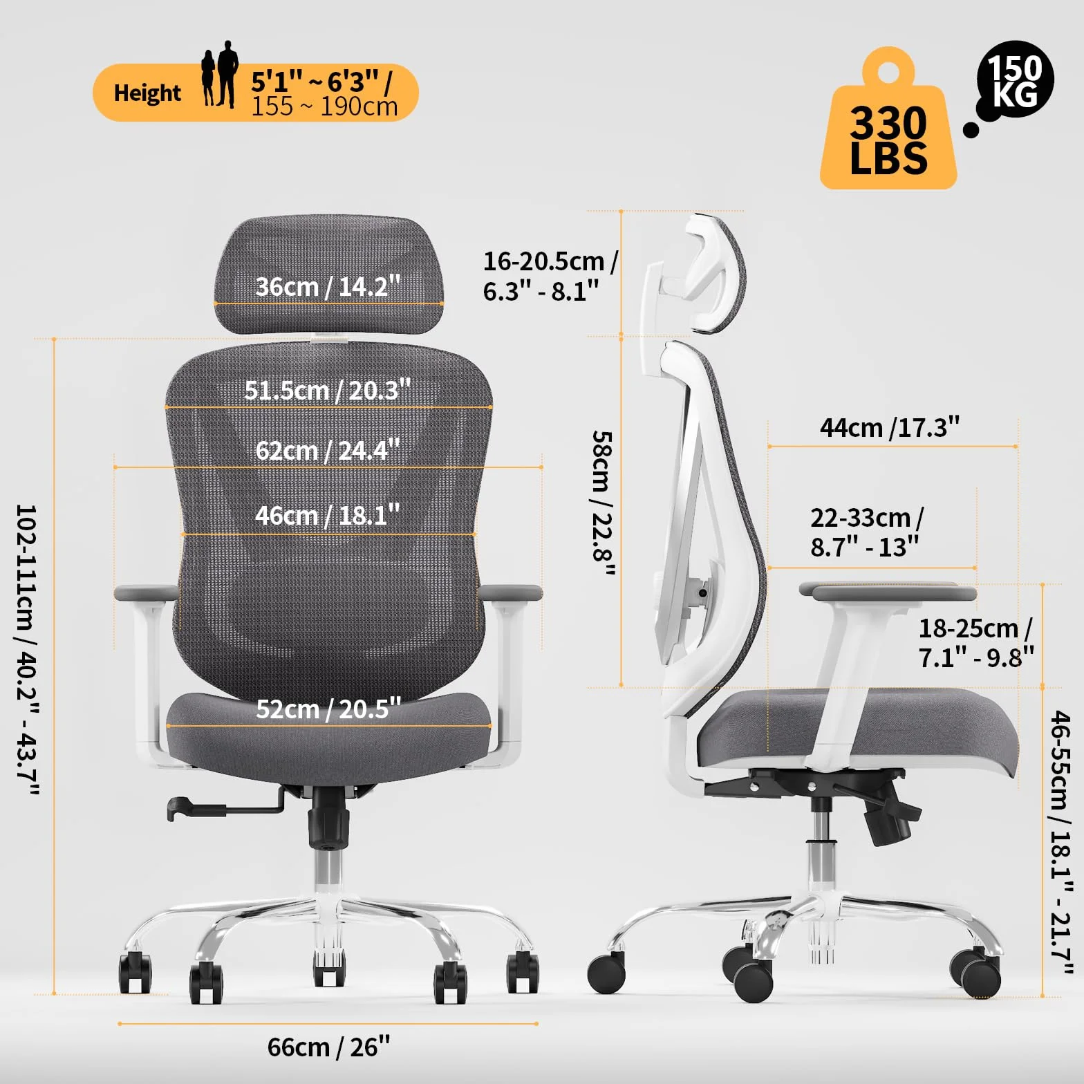 HOLLUDLE Chaise de Bureau Ergonomique Support Lombaire 3D Accoudoirs 3D Réglables Design en V dos Fauteuil Bureau Confortable Blanc