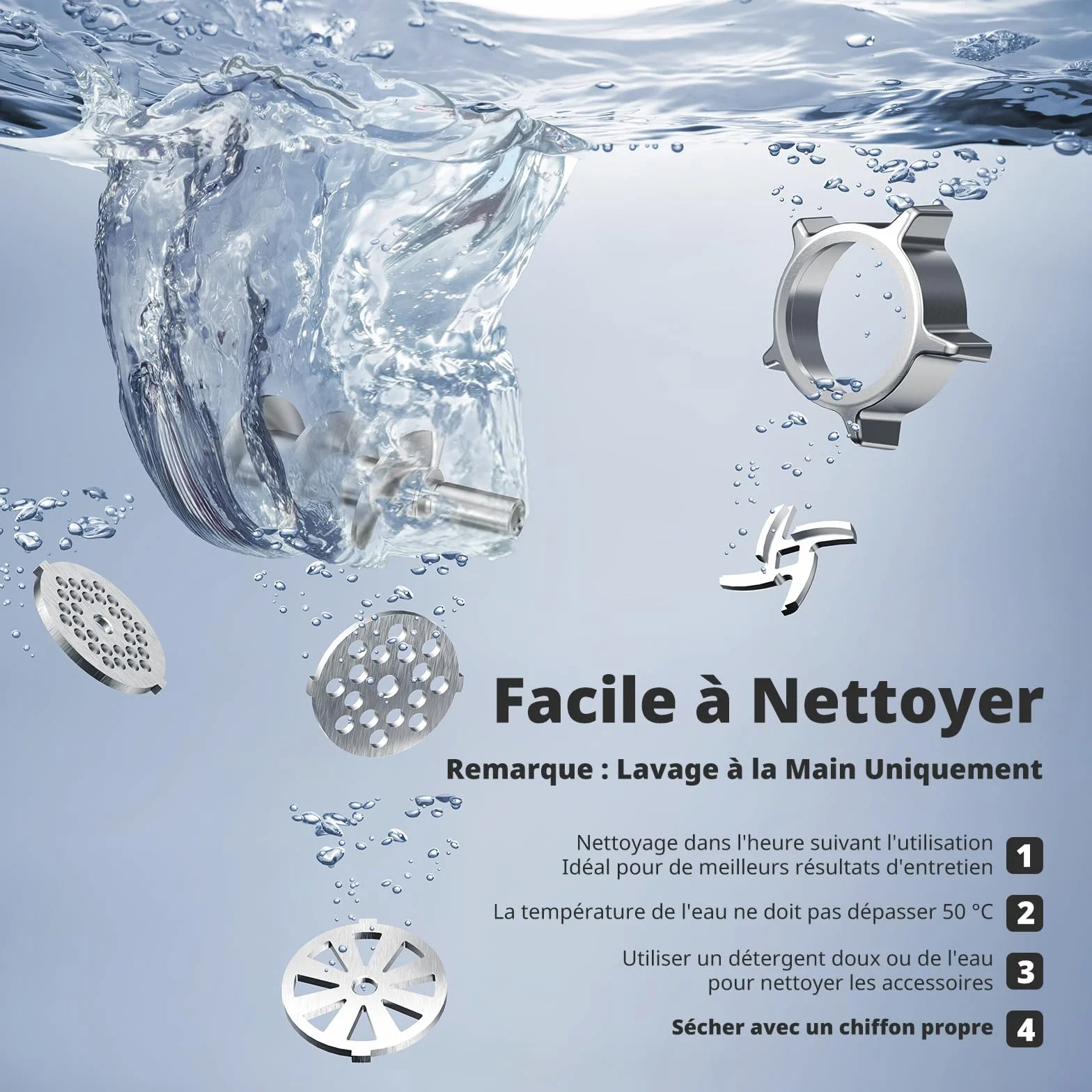 AIRMSEN Hachoir à Viande Électrique 3 en 1– Machine à Saucisses en Acier Inoxydable avec 3 Plaques, 2 Lames en Acier Inoxydable et Kit Kubbe – Rapide, Silencieux, Facile à Nettoyer pour Maison