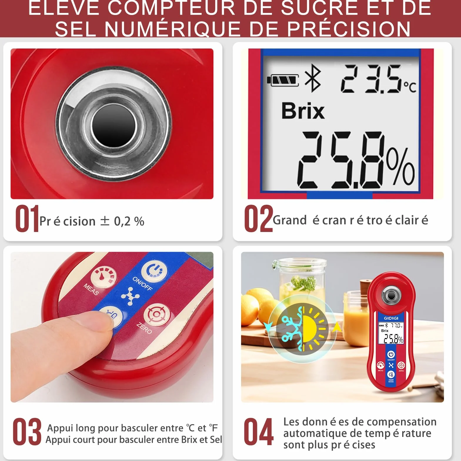 Réfractomètre numérique Brix et testeur de salinité, Compteur de Sucre Brix Intelligent, réfractomètre de sel avec ATC, Plage Brix 0,0-60% pour Le Brassage de Fruits, de vin et de bière