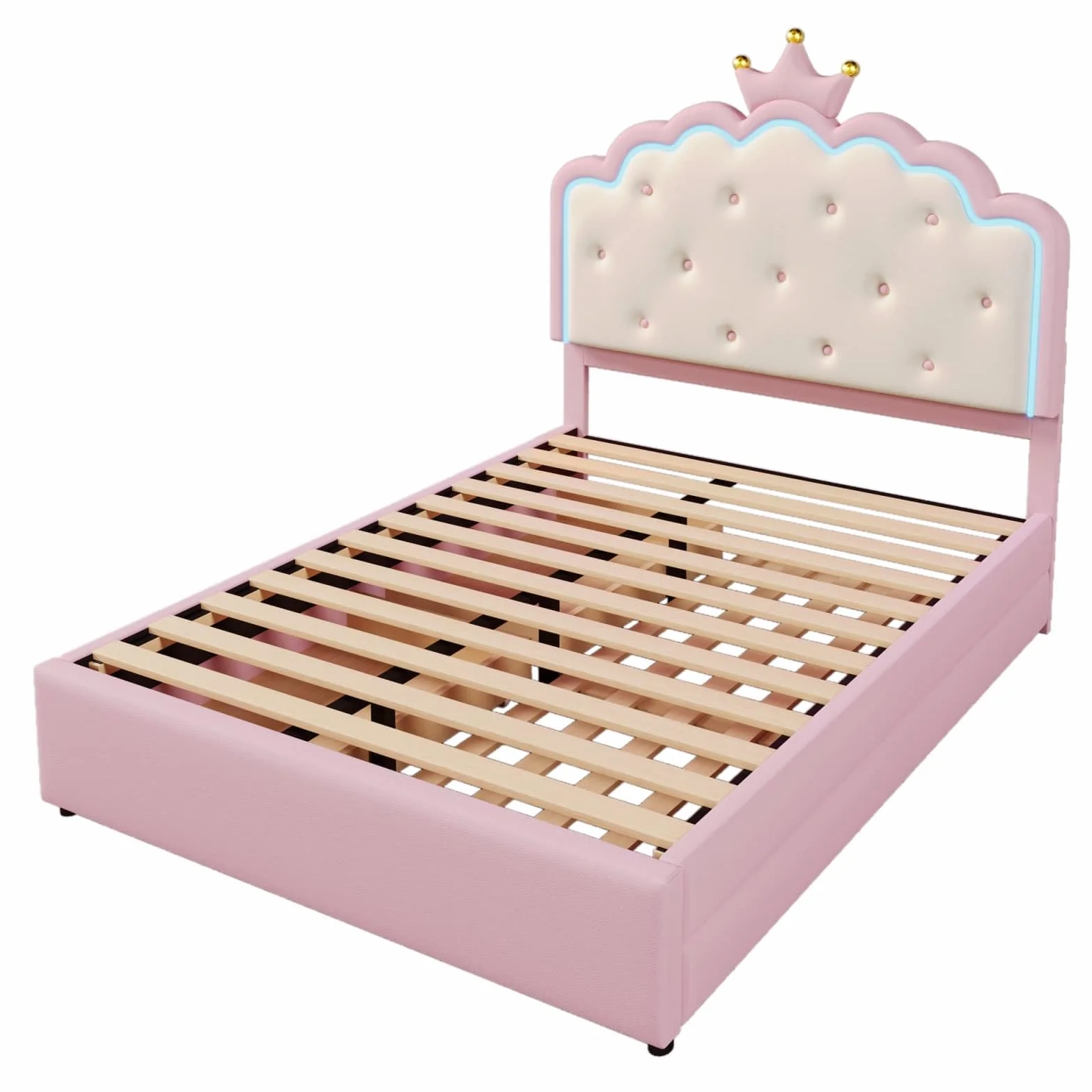 PUGSDRLY Lit Enfant 140x200cm avec lit gigogne et 2 Tiroirs,Lit Fille avec Tête en Forme de Couronne et Bande LED,Cadre avec Sommier à Lattes,matériau PU,sans Matela (Rose-C, 140x200)