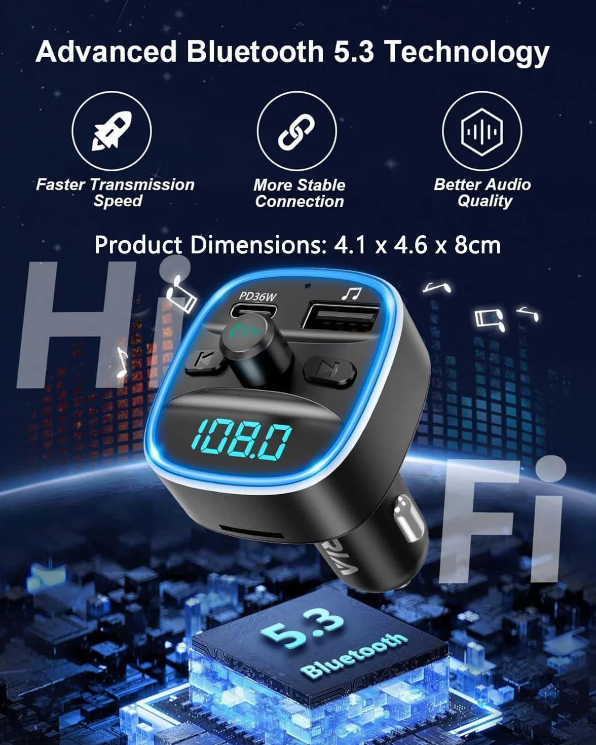 ORIA Nadajnik FM Bluetooth 5.3, bezprzewodowy adapter radia samochodowego z szybkim ładowaniem PD 36 W, podświetlenie LED, zestaw głośnomówiący, kompatybilny z Bluetooth, karta TF, pamięć USB
