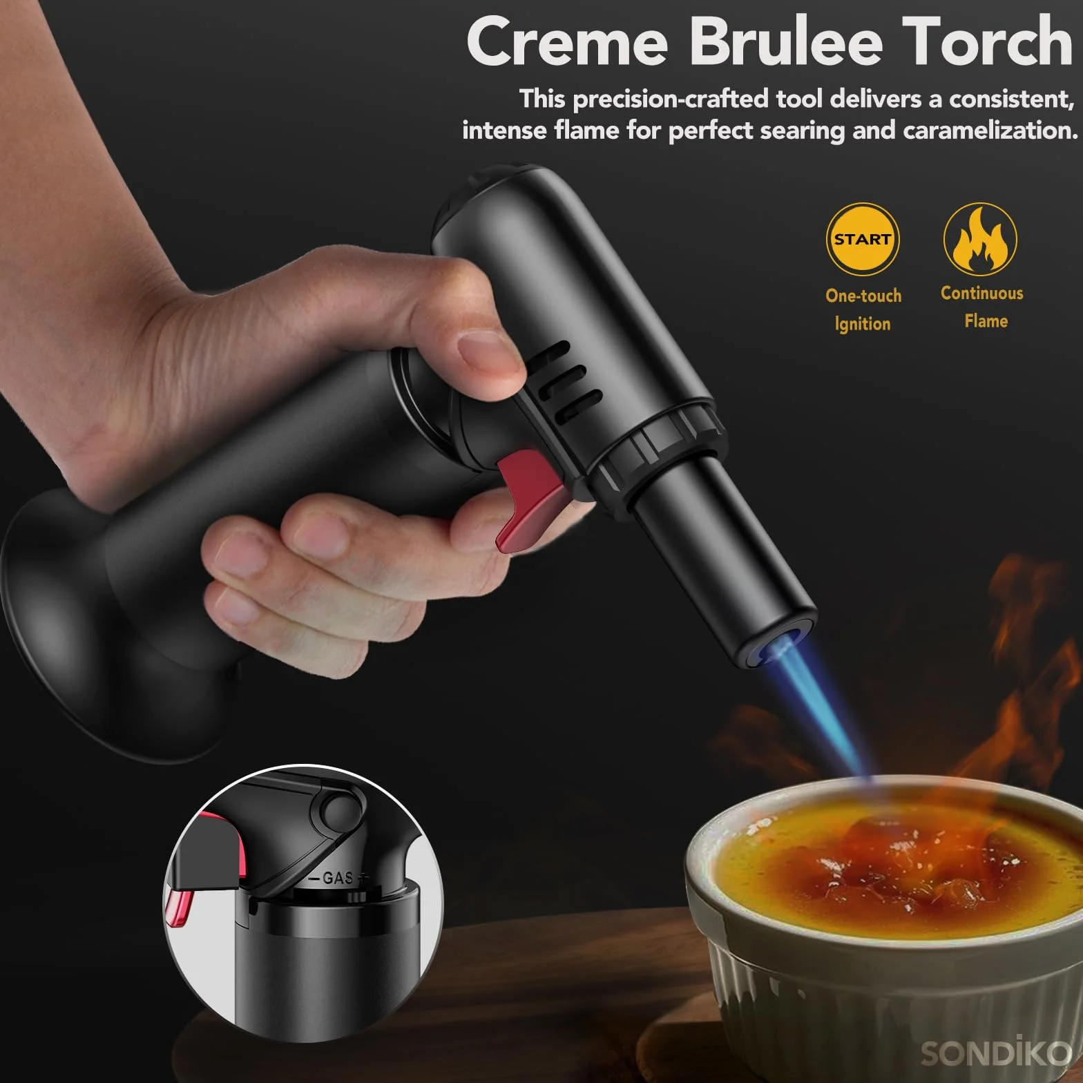 Sondiko S907 Chalumeau de Cuisine Rechargeable avec Verrouillage de Sécurité et Flamme Réglable