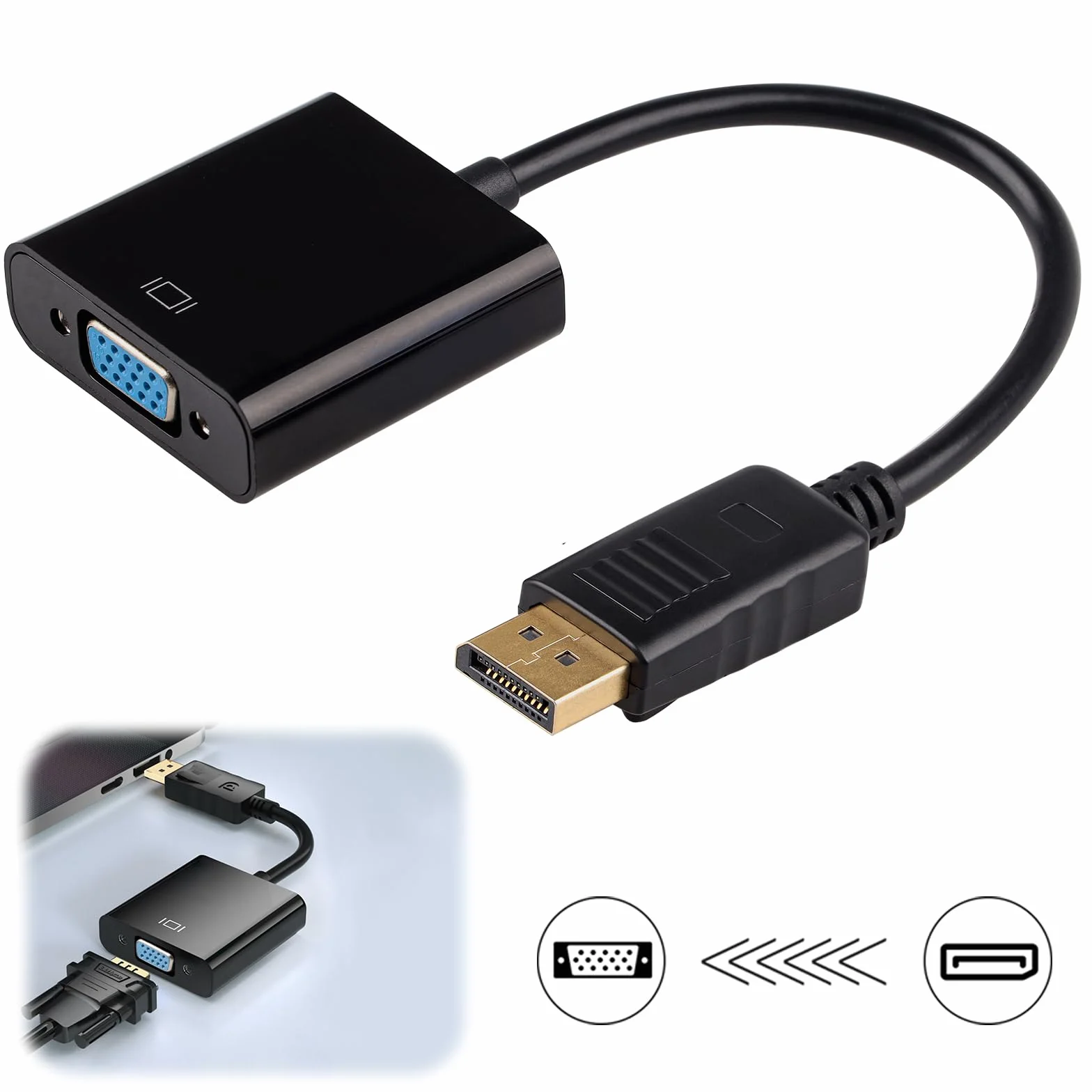 Adaptateur DisplayPort vers VGA 1080p Convertisseur DP Mâle vers VGA Femelle pour PC Moniteur Projecteur
