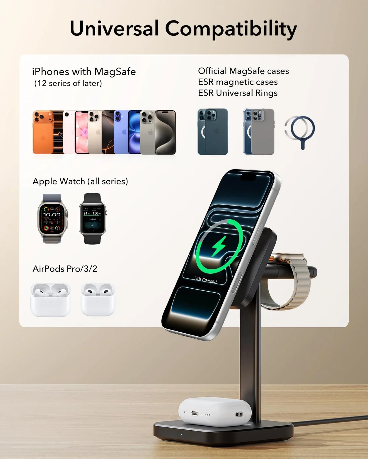 ESR Qi2 stacja ladujaca 3 w 1 do Apple, certyfikowana stacja ladujaca MagSafe do iPhone 17/16/15/14/13/12, Apple Watch i AirPods 4, czarna