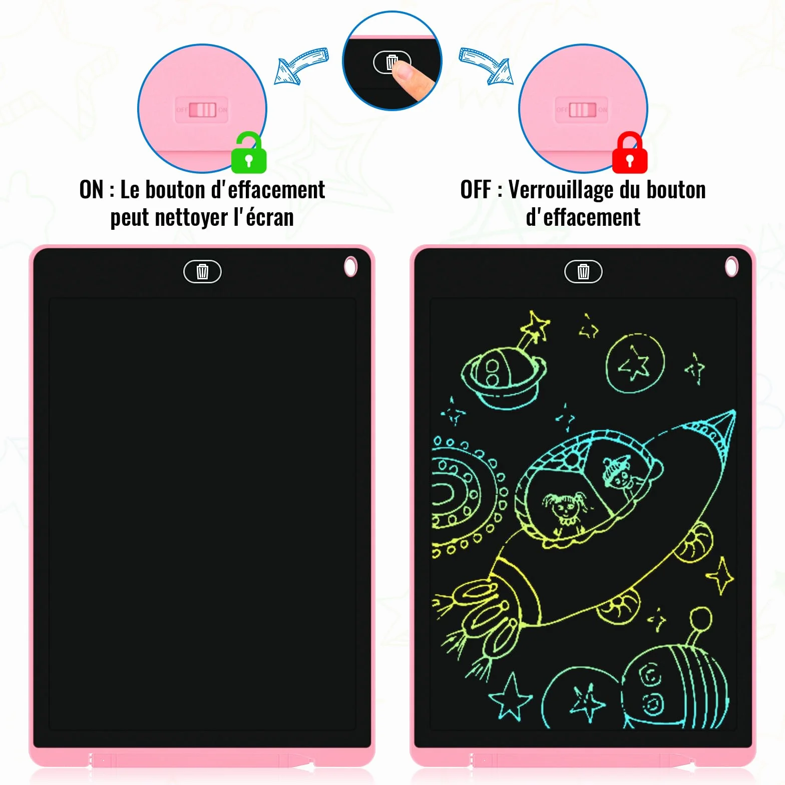 Electight Tablette Dessin Enfants 12 Pouces LCD Colorée avec Bouton Effacement Verrouillage Bleu Rose