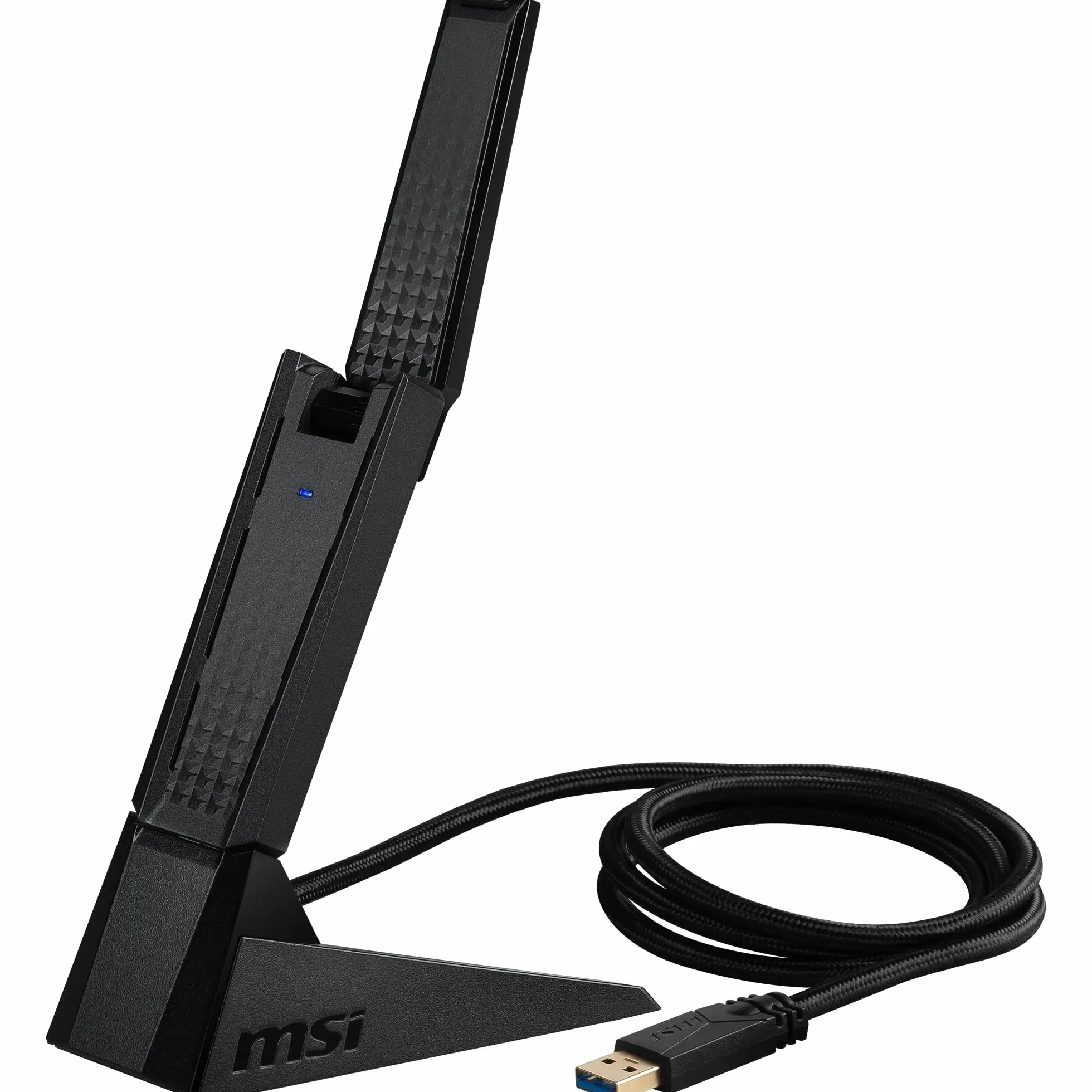 MSI AXE5400 trójpasmowy adapter USB WiFi 6E – WLAN do 5400 Mb/s (6 GHz, 5 GHz, 2,4 GHz bezprzewodowy), USB 3.2 Gen 1 typu A, MU-MIMO, regulowana antena, formowanie wiązki, WPA3 - przewodowy stojak na