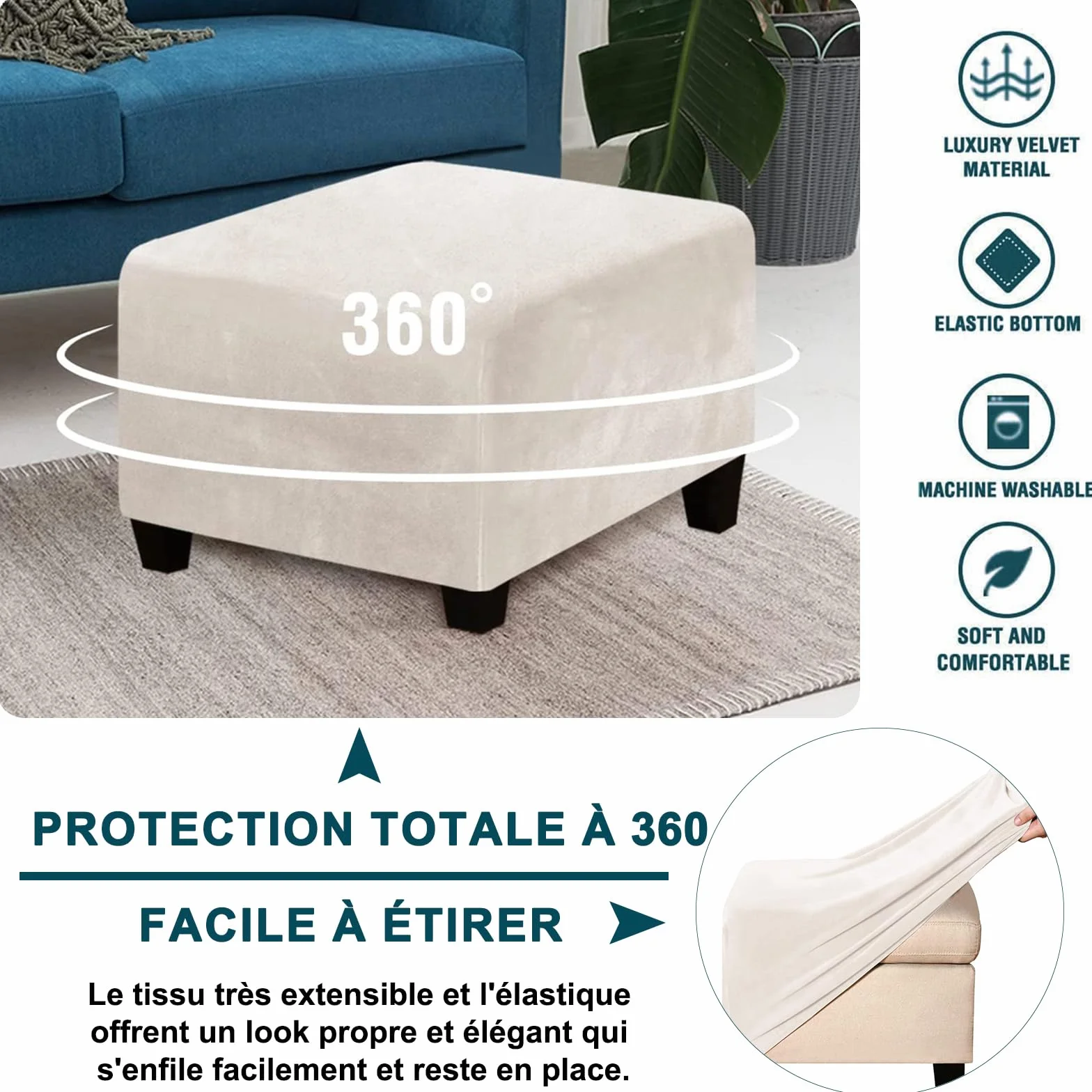 Housse Ottoman Rectangulaire Extensible Velours Repose-Pieds Amovible Antidérapant Blanc Crème