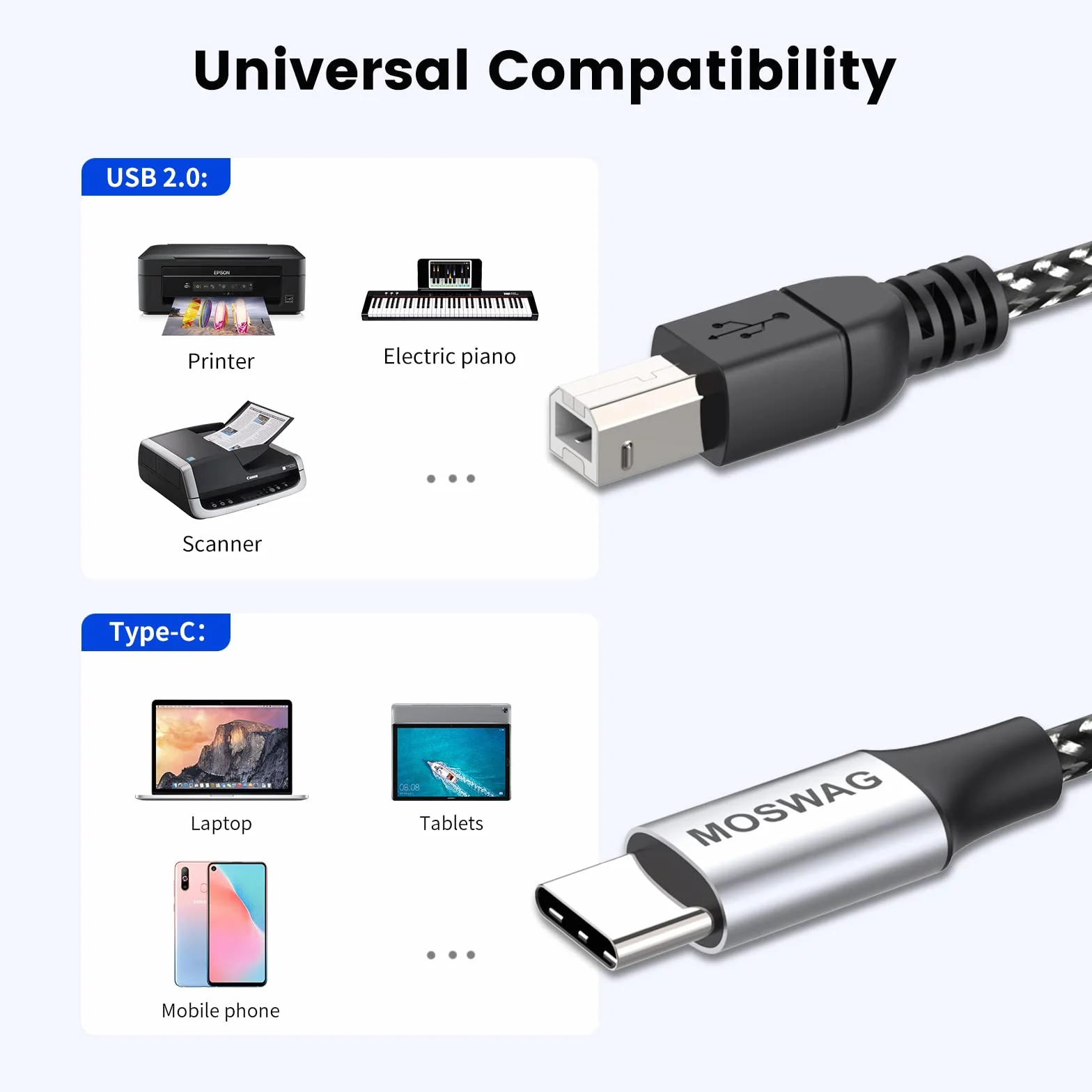 MOSWAG Câble USB B vers USB C 480 Mbps 1M Tressé Nylon Aluminium pour Imprimante MIDI
