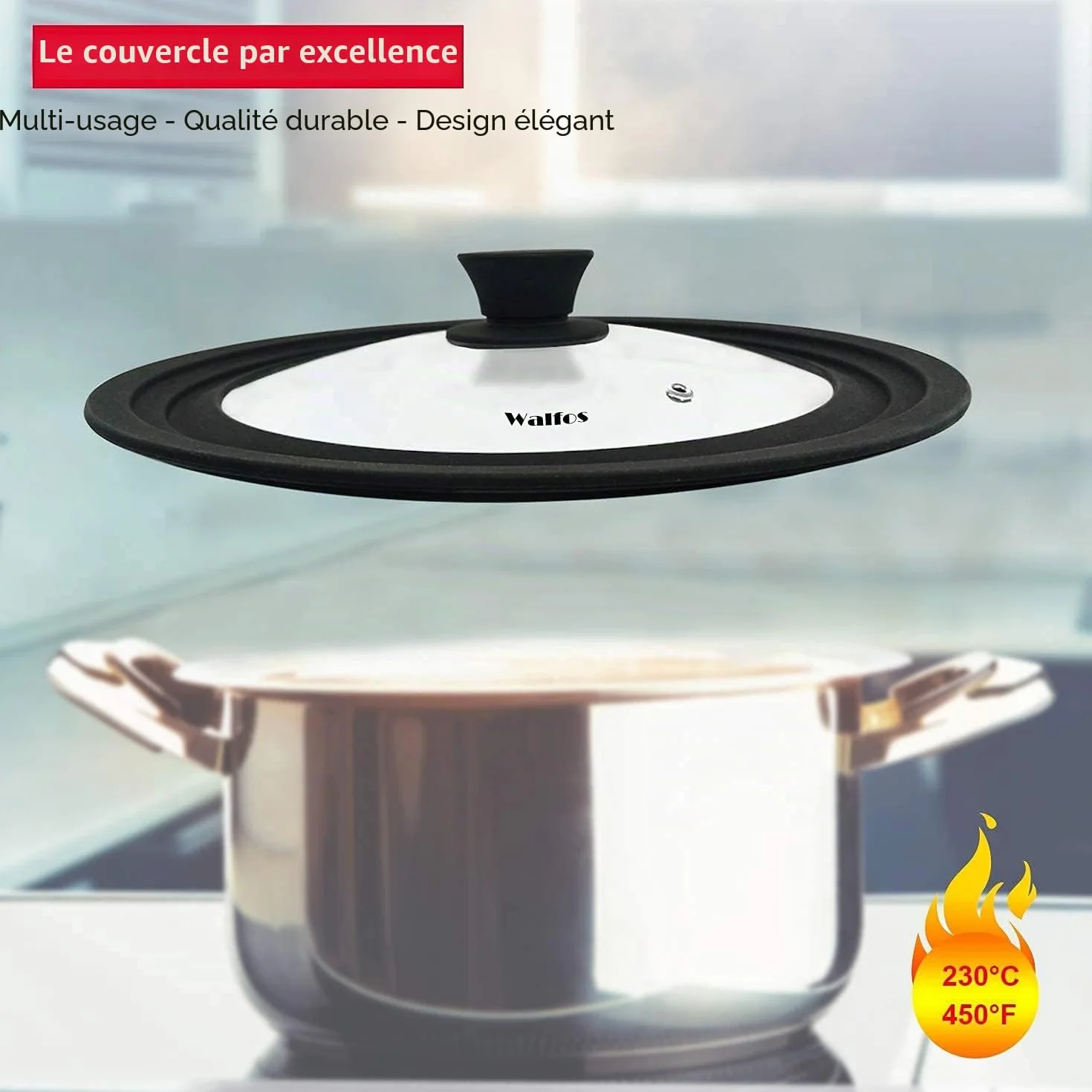 Walfos Couvercle universel Ø 28, 26, 24, 20, 18 et 16 Couvercle en verre pour casseroles, poêles avec bord en silicone gradué, Couvercle pour poêles et casseroles, Couvercle de casserole résistant à