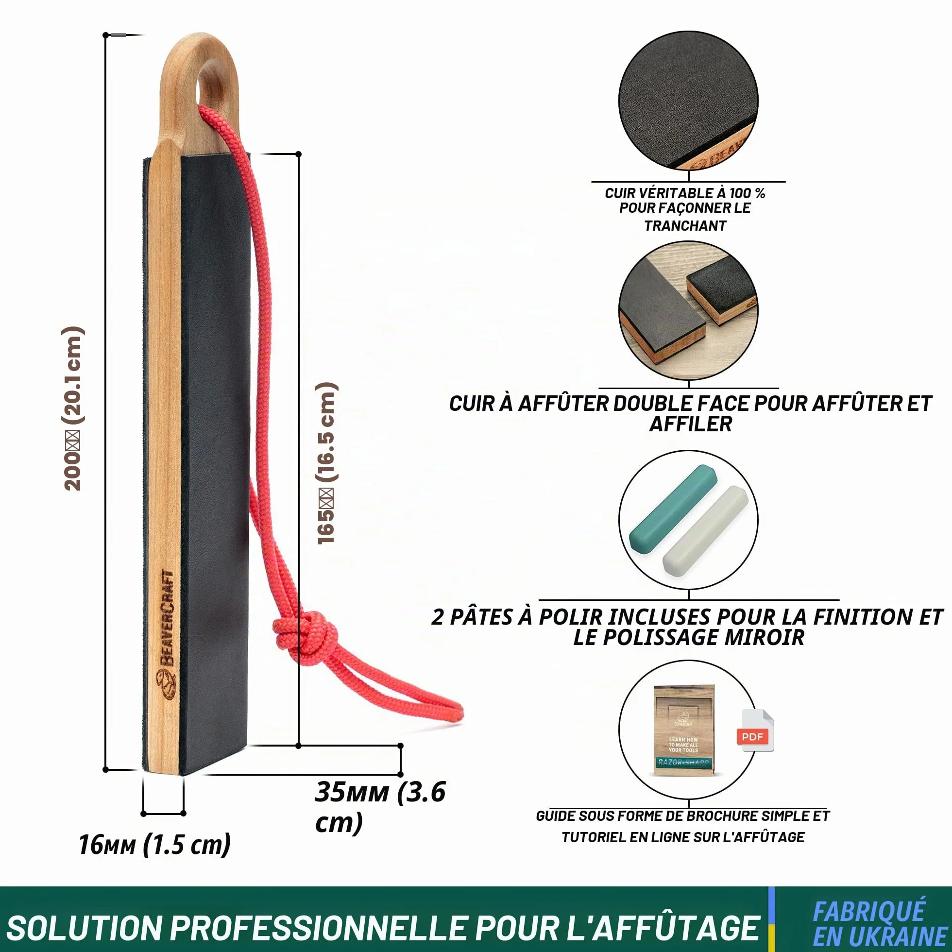 BeaverCraft LS9P02 Strop cuir affûtage couteaux - Kit polissage pâte à polir - Aiguiseur cuir - Bloc 2 faces