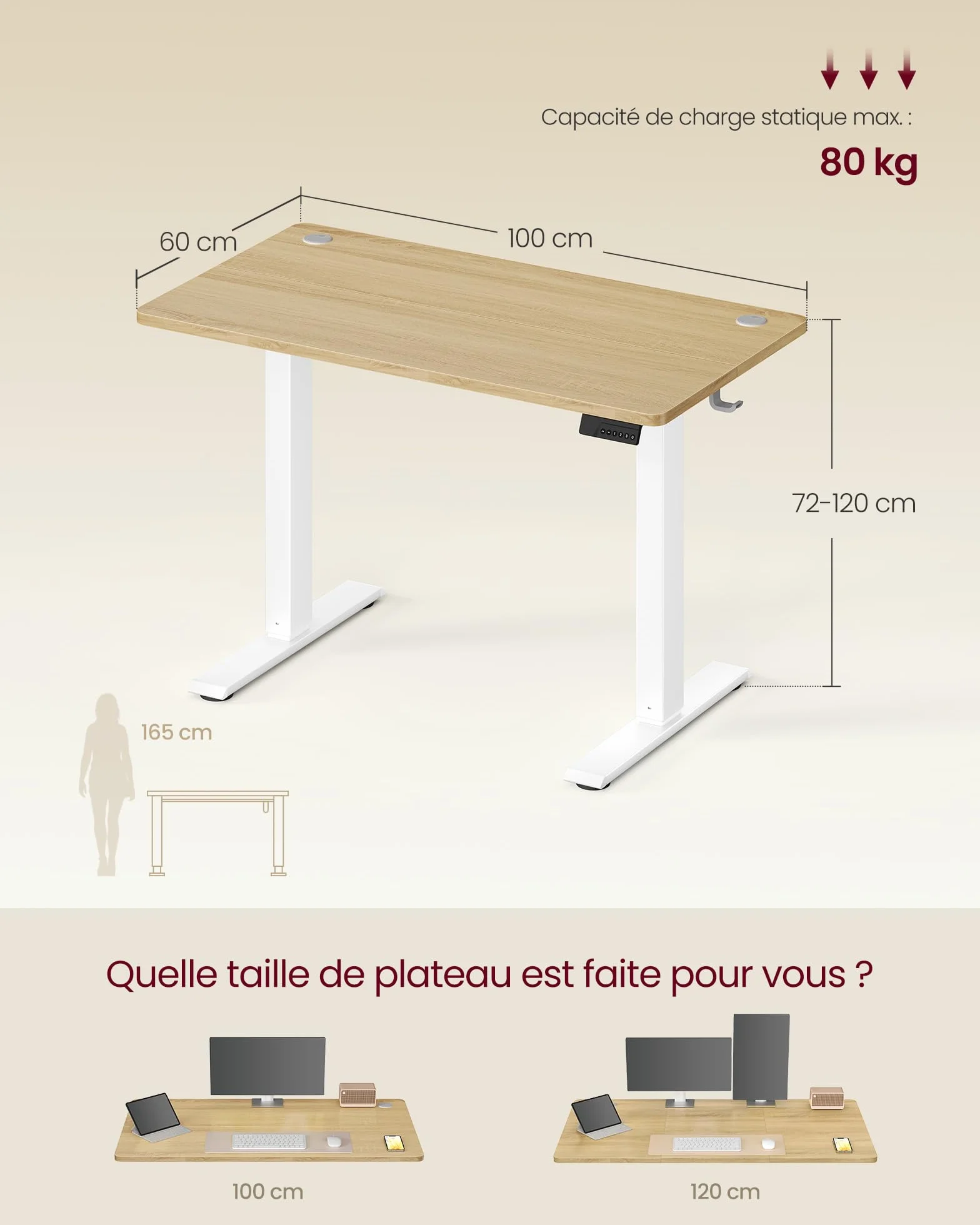 VASAGLE Bureau Électrique Réglable en Hauteur Assis-Debout 100 x 60 cm Doré Chêne LSD310YA03