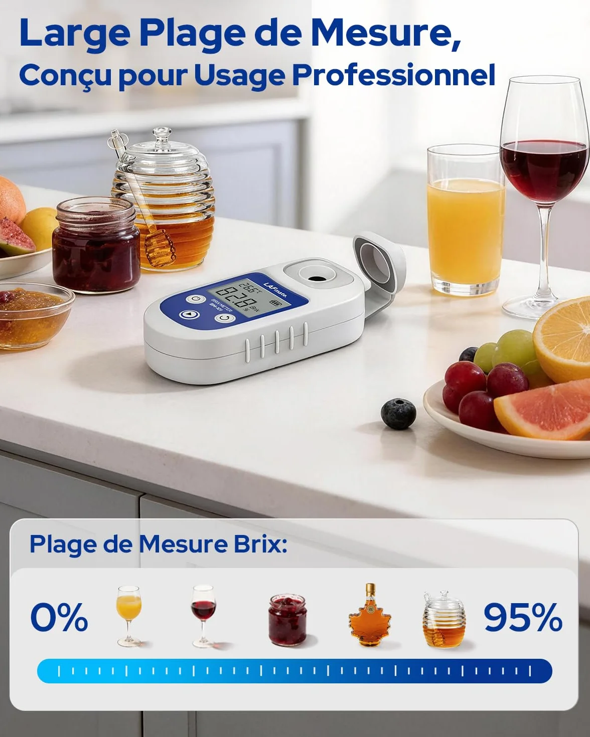 Réfractomètre brix 0-95% ±0,2%, Réfractomètre numérique avec ATC, IP65 Réfractomètre brix pour Miel, jus, vin & Brassage Maison,BM-101