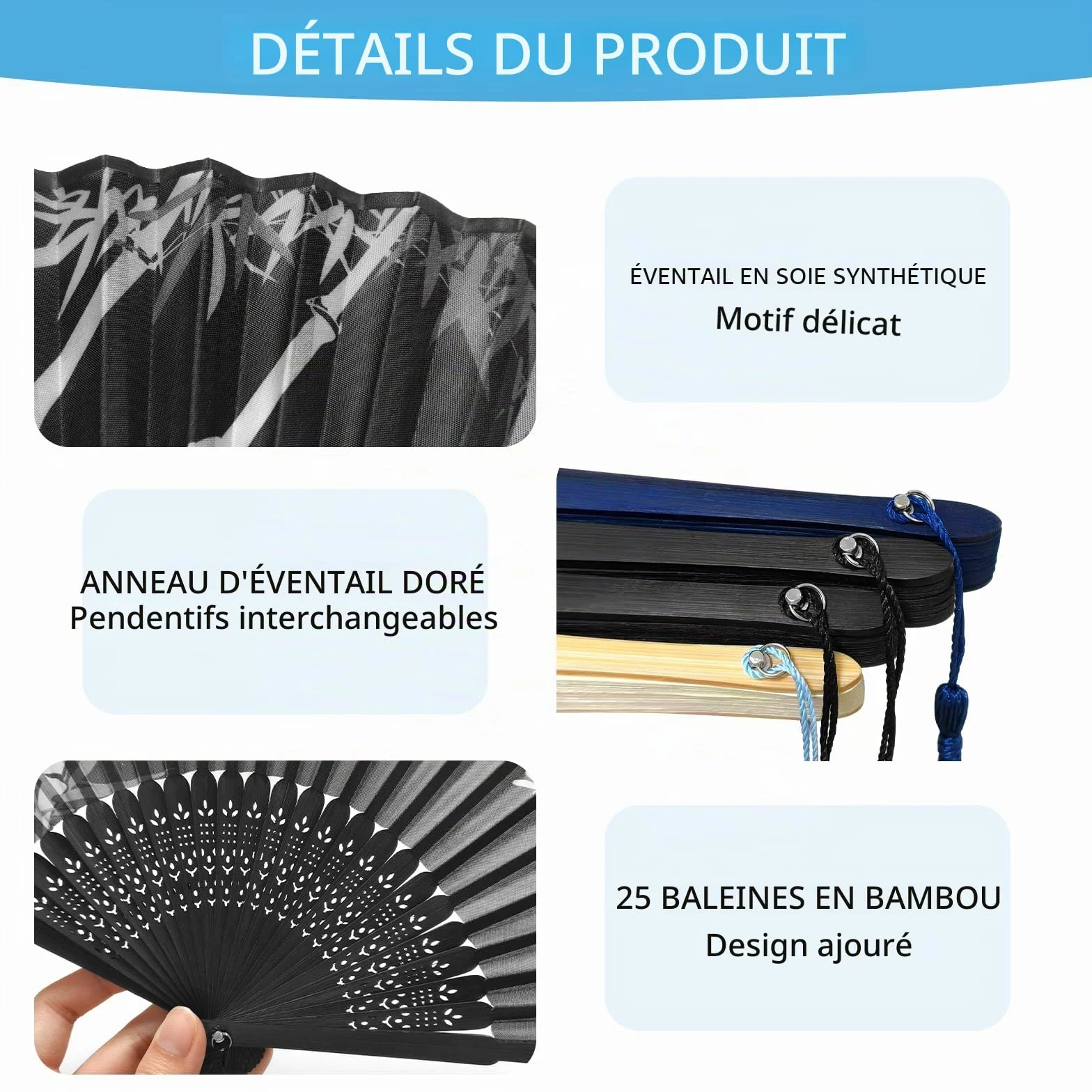 Bellanova Ensemble de 4 Éventails Pliants en Tissu de Soie et Bambou avec Pompon – Style Chinois, Ventilateur Pliant Portable à Main