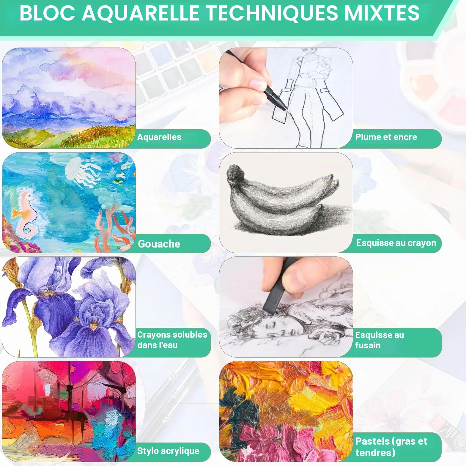 Bloc de peinture A4 300 g/m² – 30 feuilles papier aquarelle pour artistes