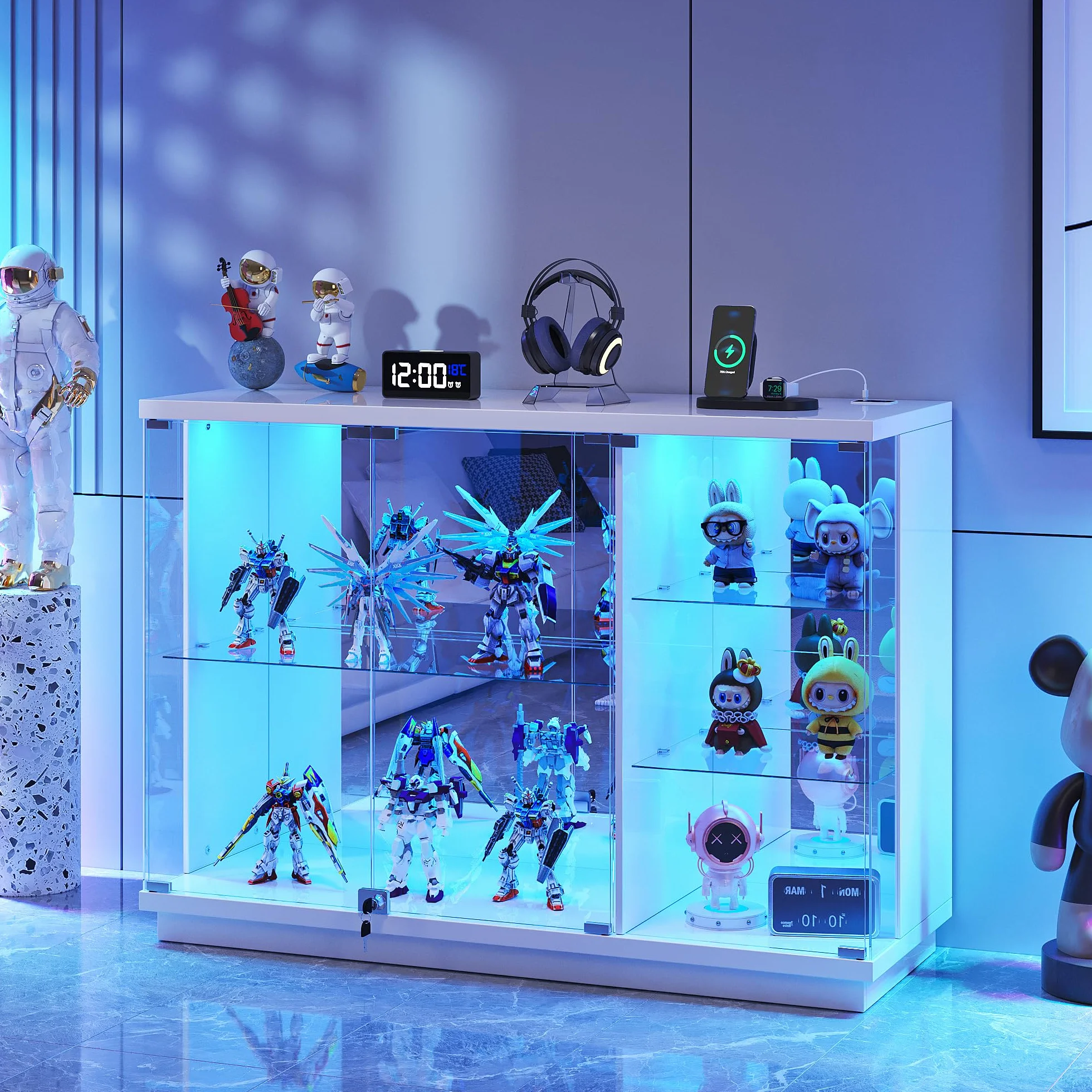 Vitrine pour Collection avec éclairage LED - Portes Vitrées Verrouillables,Vitrine en Verre avec Capteurs,Vitrines de Collection à 3 Niveaux Vitrines pour Salon,Chambre,Blanc