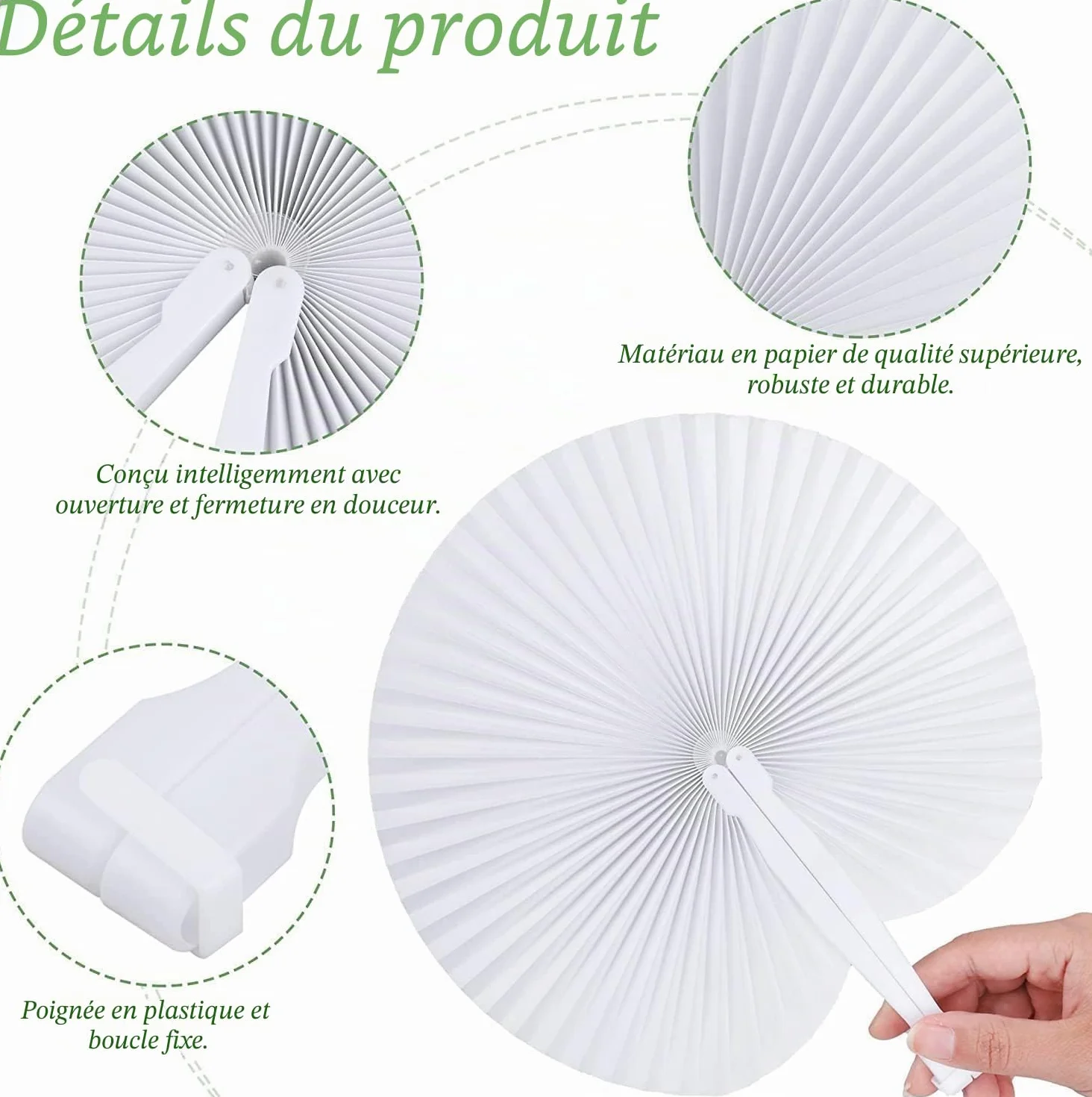 LATERN 72 Pièces Éventails Pliants en Papier, 25CM Éventails Ronds en Papie Ventilateurs Portatifs Chinois Éventails de Mariage Blancs avec Poignées en Plastique pour L'Été Mariage Anniversaire Fête