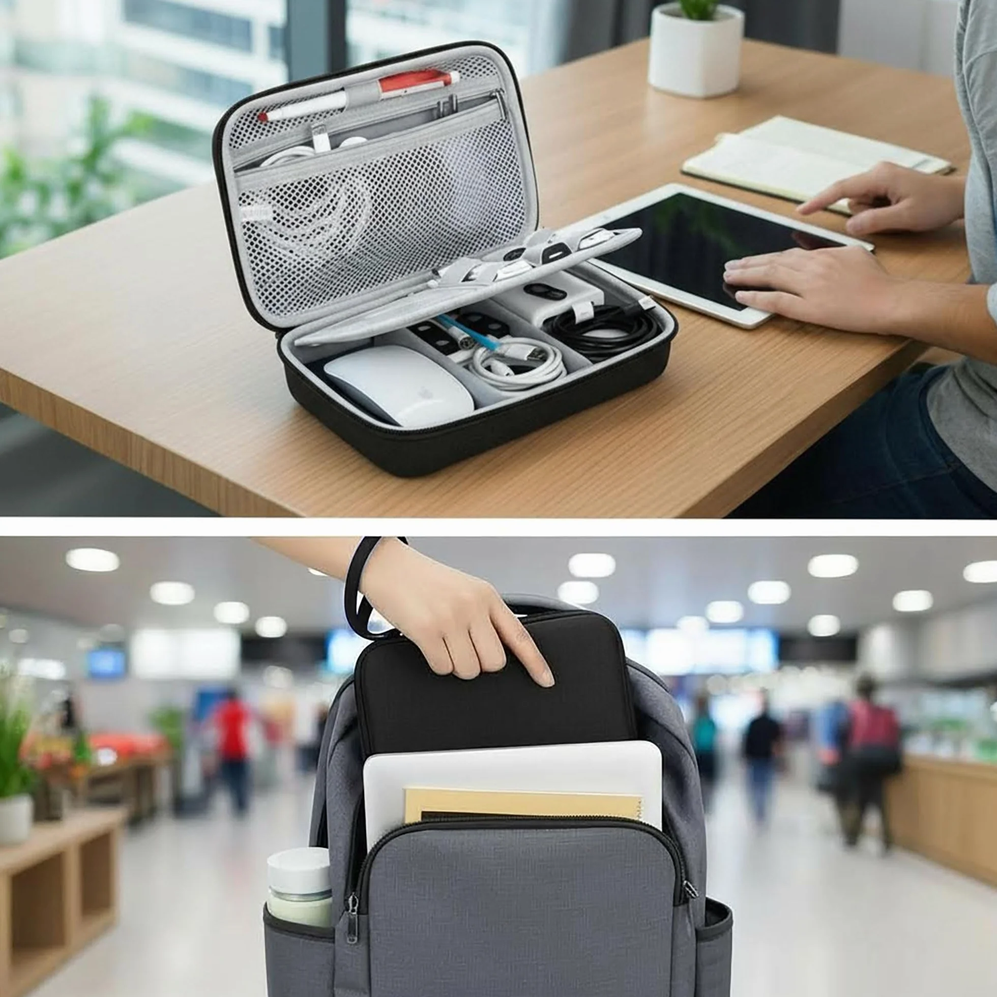 Hard Electronics Travel Organizer Case do MacBooka, ładowarek i dysków twardych Flash, wodoodporne, odporne na wstrząsy, 2-warstwowa konstrukcja, pomieści mysz i kable Power Bank (czarne)