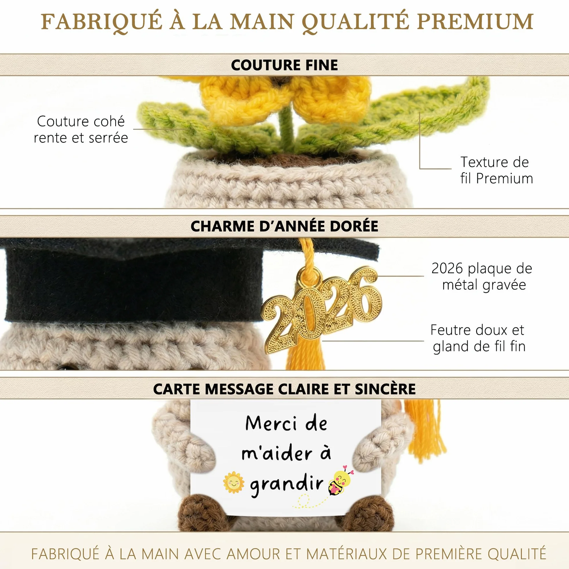 Cadeau Maîtresse d'École Fin d'Année - Tournesol au Crochet Fait Main - Idée Cadeau pour Retraite, Noël