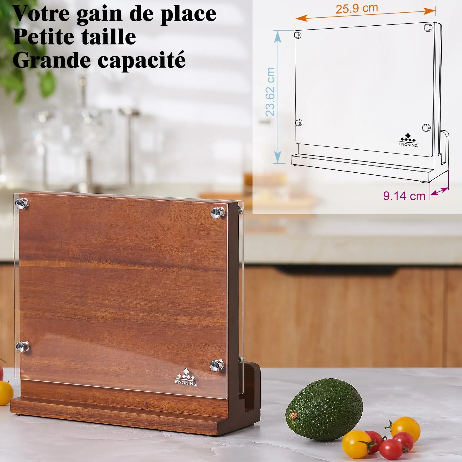 ENOKING Bloc à Couteaux Magnétique, Bloc Aimanté Double Face 26x22 CM - Porte Couteaux Aimanté en Bois d'acacia avec Plaque Protection Acrylique, Range Couteau de Cuisine Vide avec Aimant Puissant