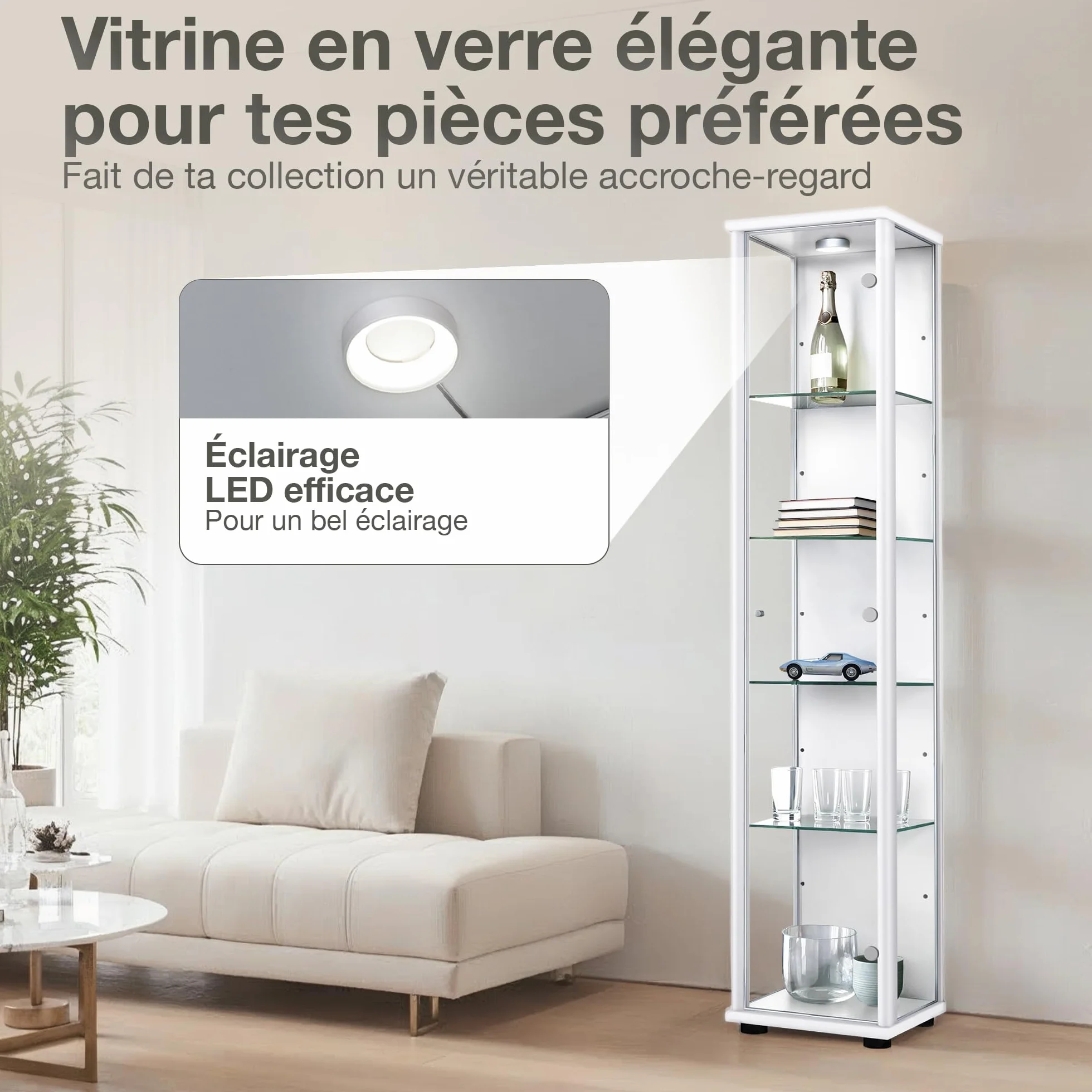 Vitrine en Verre pour Collection (176x37x33cm) - Fabriqué en Allemagne - Armoires vitrées de présentation Blanc avec 4 étagères en Verre réglables & LED - Meuble vitrine Collection Figurine