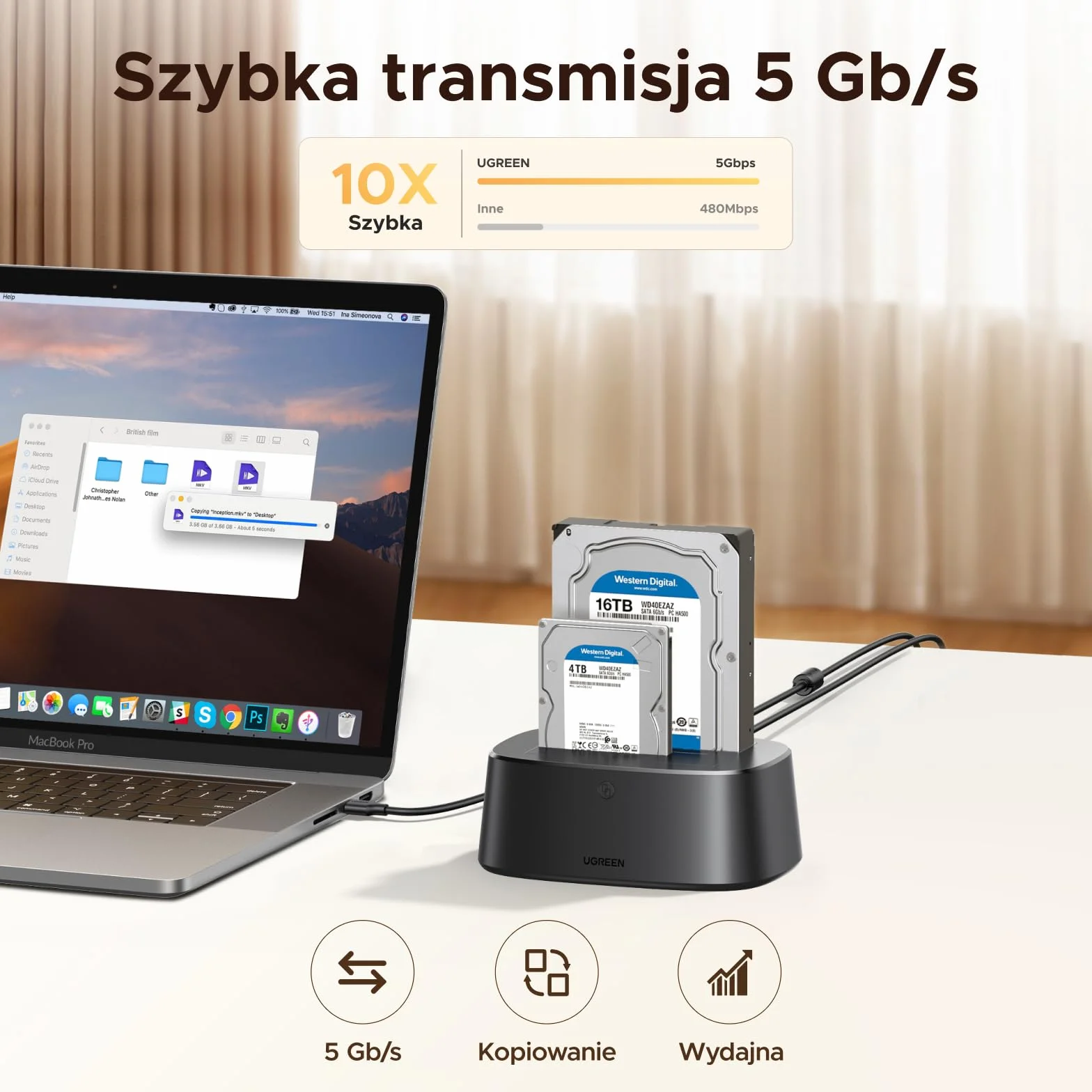 UGREEN Stacja dokująca do dysków twardych, stacja dokująca USB 3.0 HDD do dysków twardych SATA HDD i SSD 2,5'»/3,5«', adapter dysków twardych Dual Bay 5 Gb/s obsługuje klonowanie offline i UASP