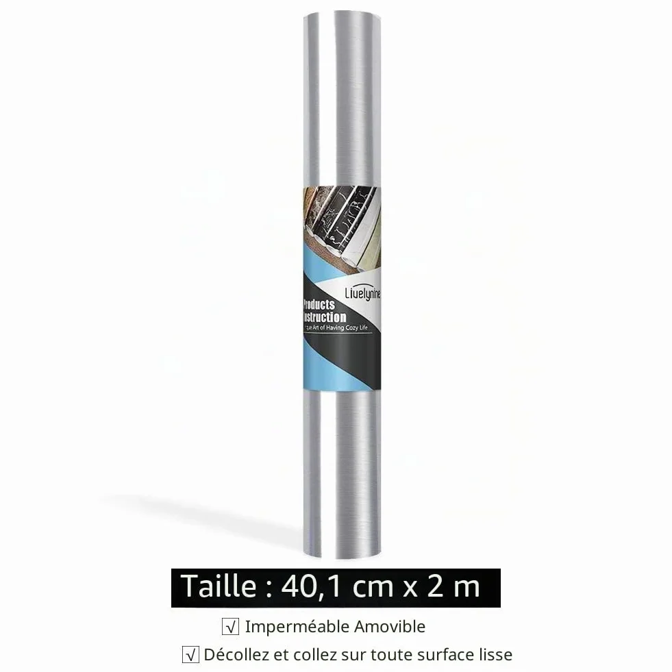 Papier Peint en Acier Inoxydable Effet Nickel Brossé Revêtement Plan de Travail Adhésif Résistant à L'huile 40CM*2M